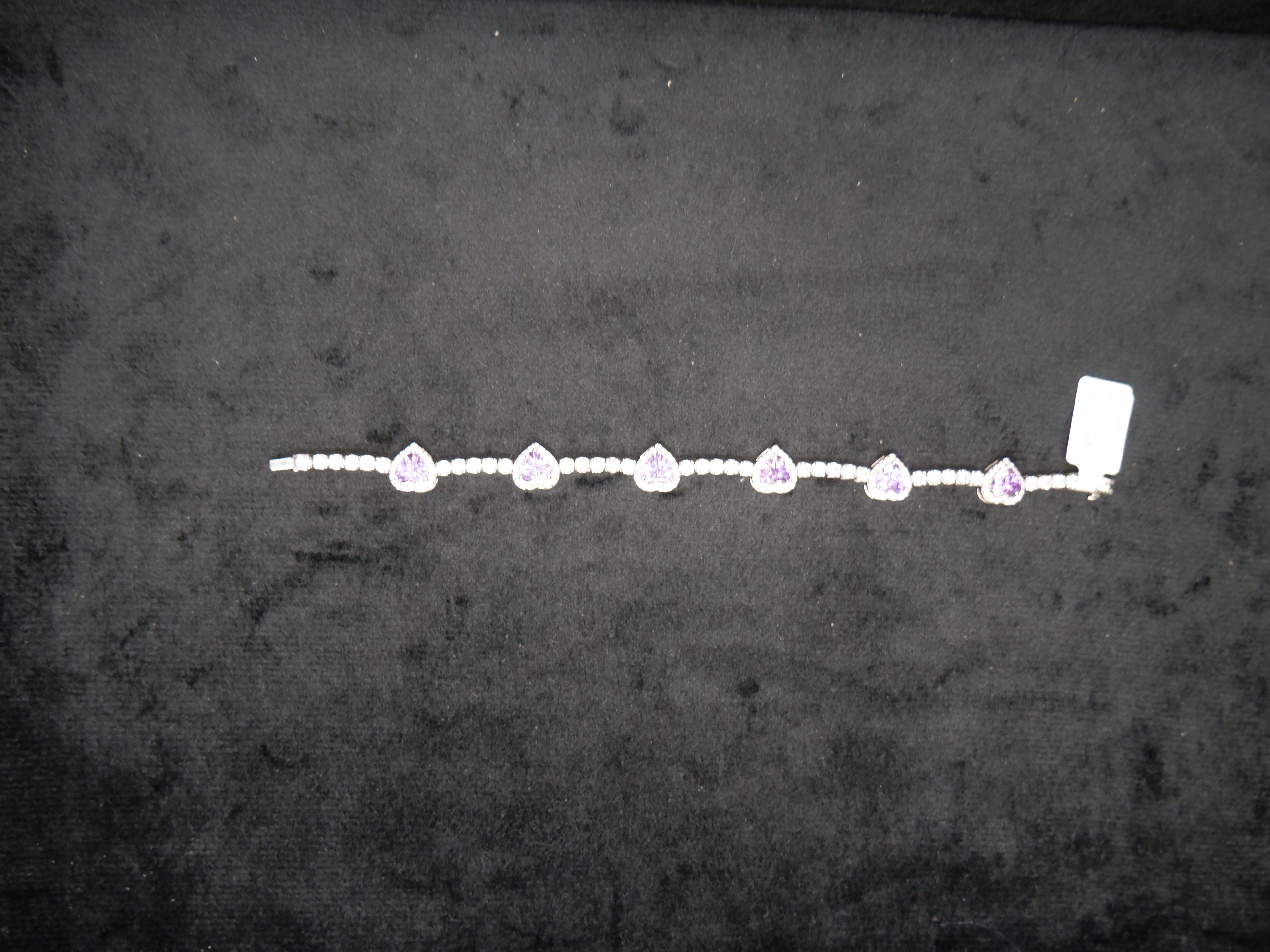 Heart-Cut Amethyst Halo Diamond Tennis Bracelet In White Gold