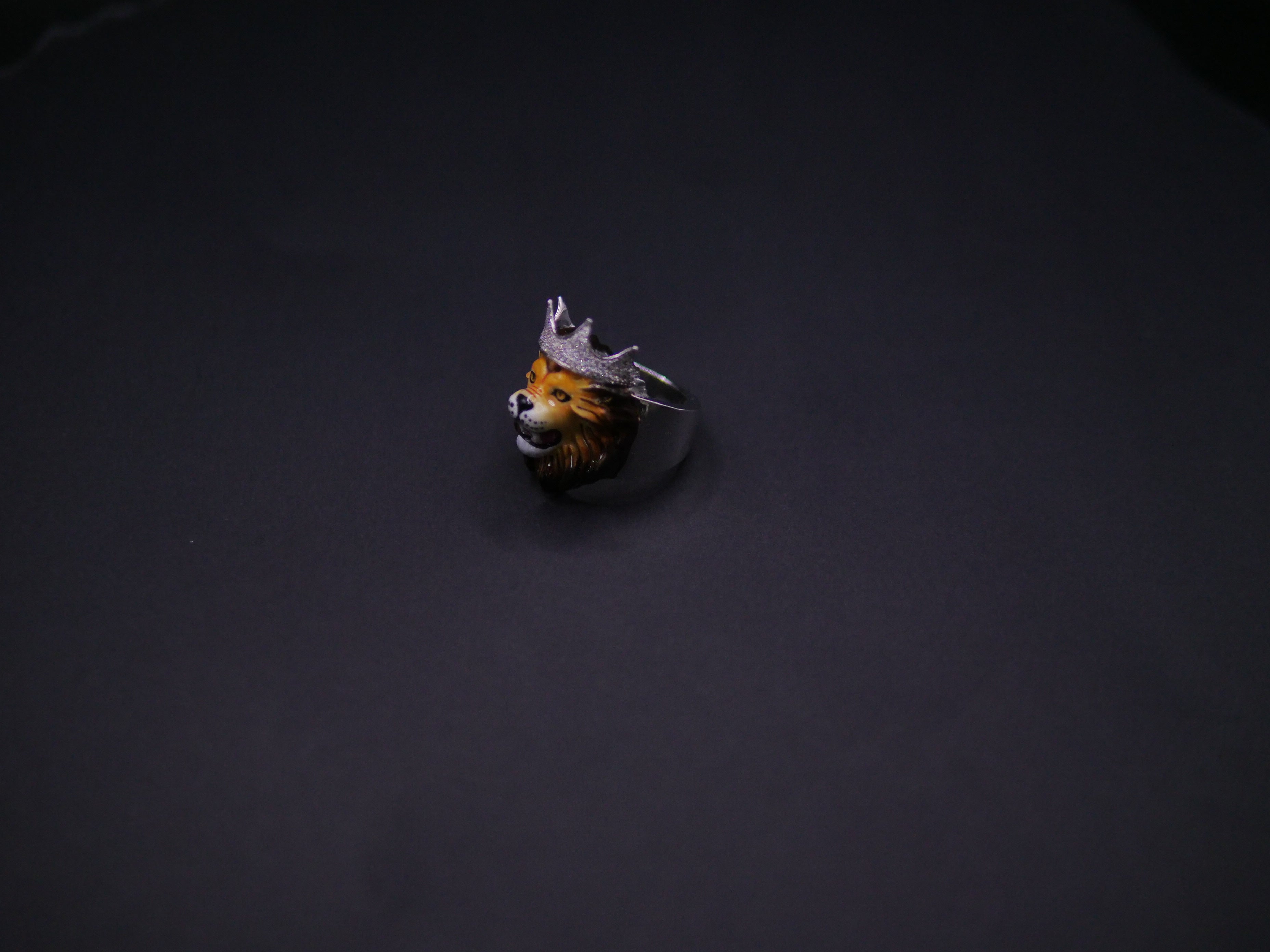 Crowned Lion King Statement Ring In Silver With Pavé Crown & Hand-Painted Enamel Face