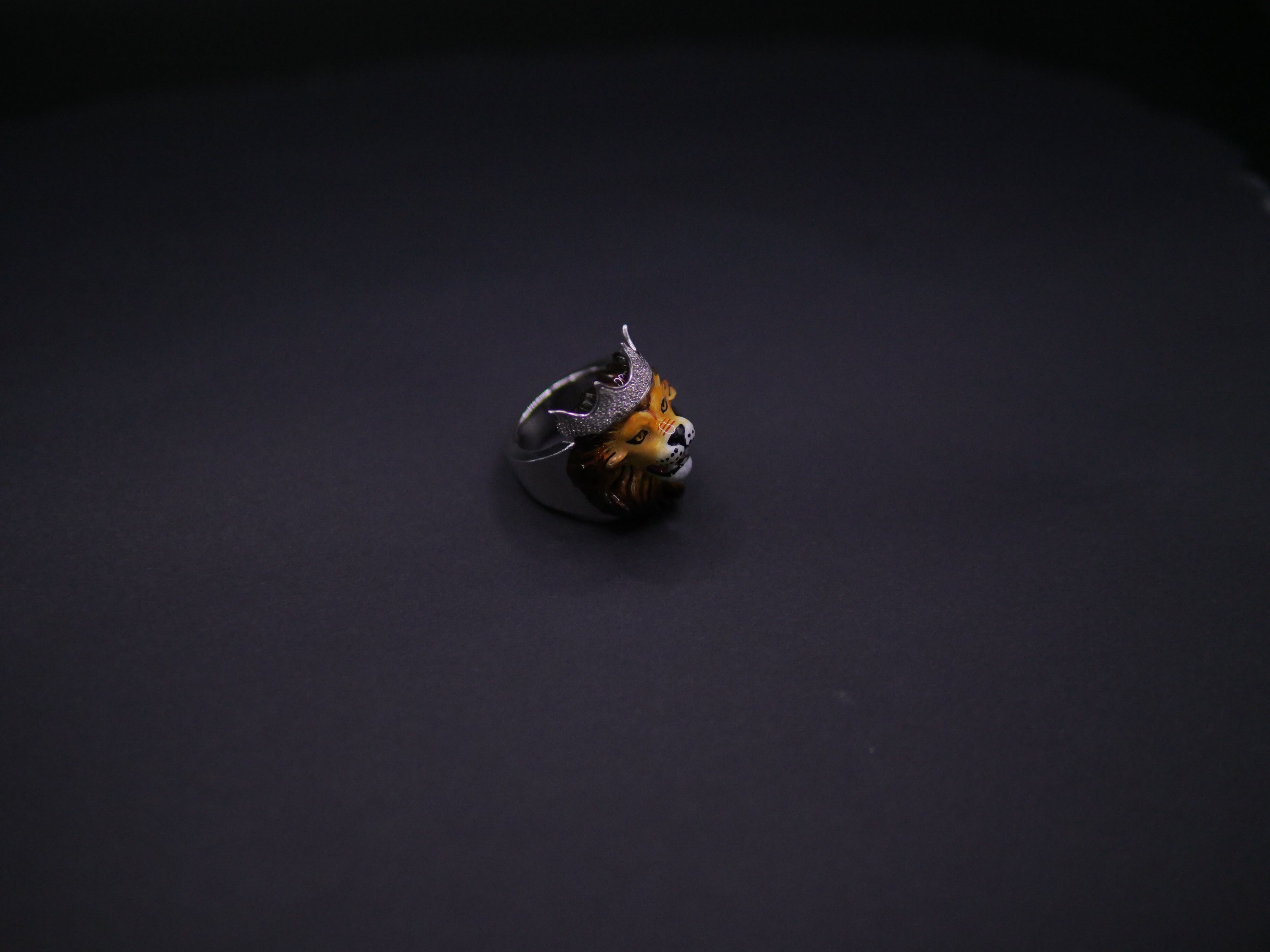 Crowned Lion King Statement Ring In Silver With Pavé Crown & Hand-Painted Enamel Face