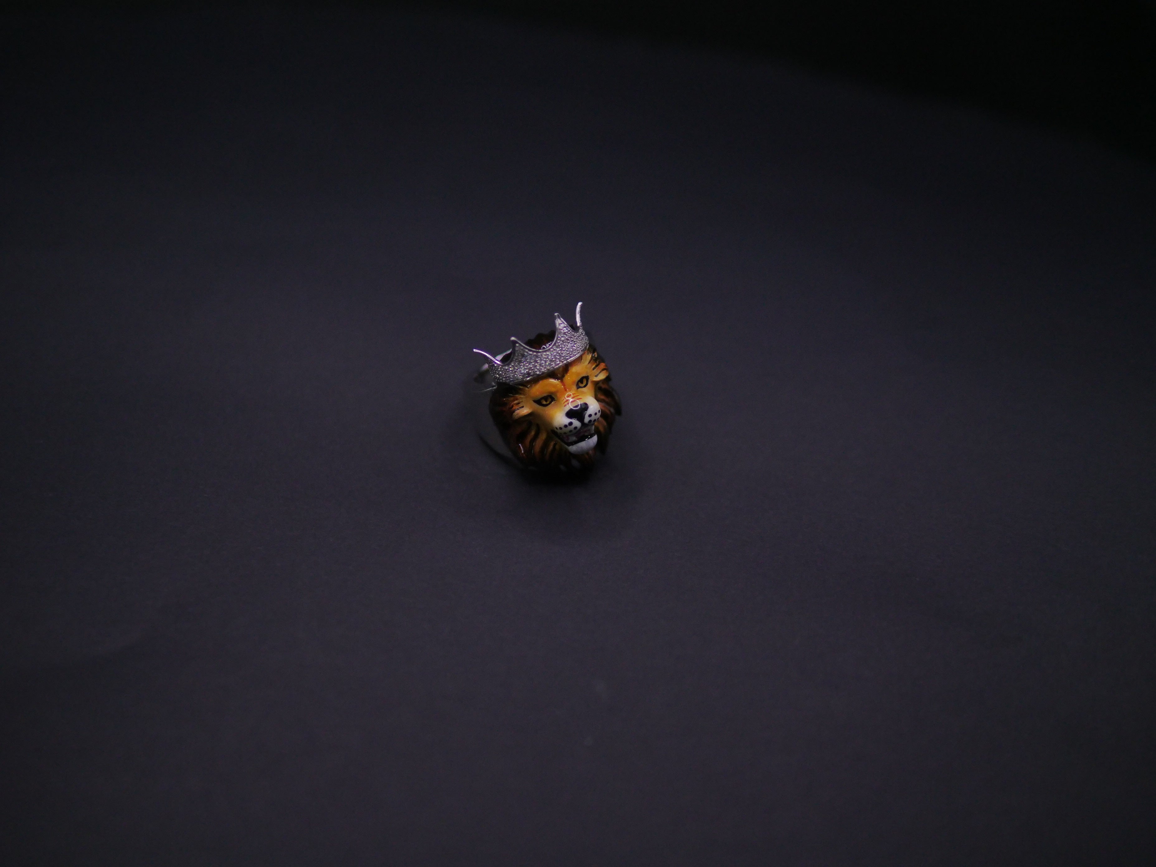 Crowned Lion King Statement Ring In Silver With Pavé Crown & Hand-Painted Enamel Face