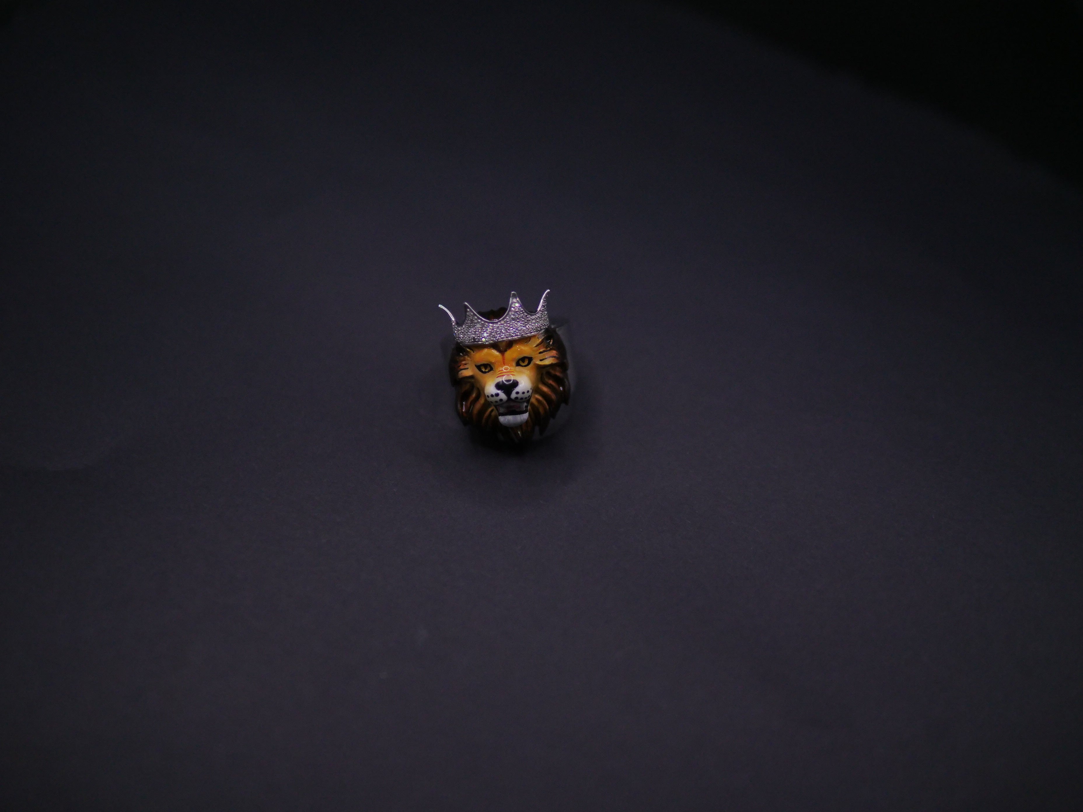 Crowned Lion King Statement Ring In Silver With Pavé Crown & Hand-Painted Enamel Face