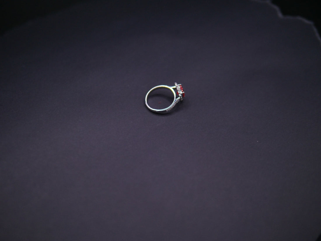 Ruby Red Heart-Cut CZ Halo Ring In White Gold
