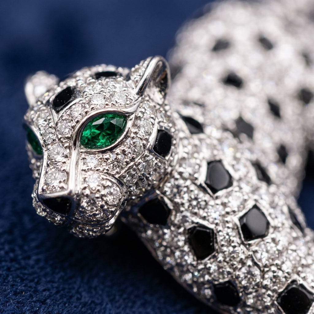 Silver Panther Brooch – Nocturne Moissanite Pin with Stone-Set Detailing