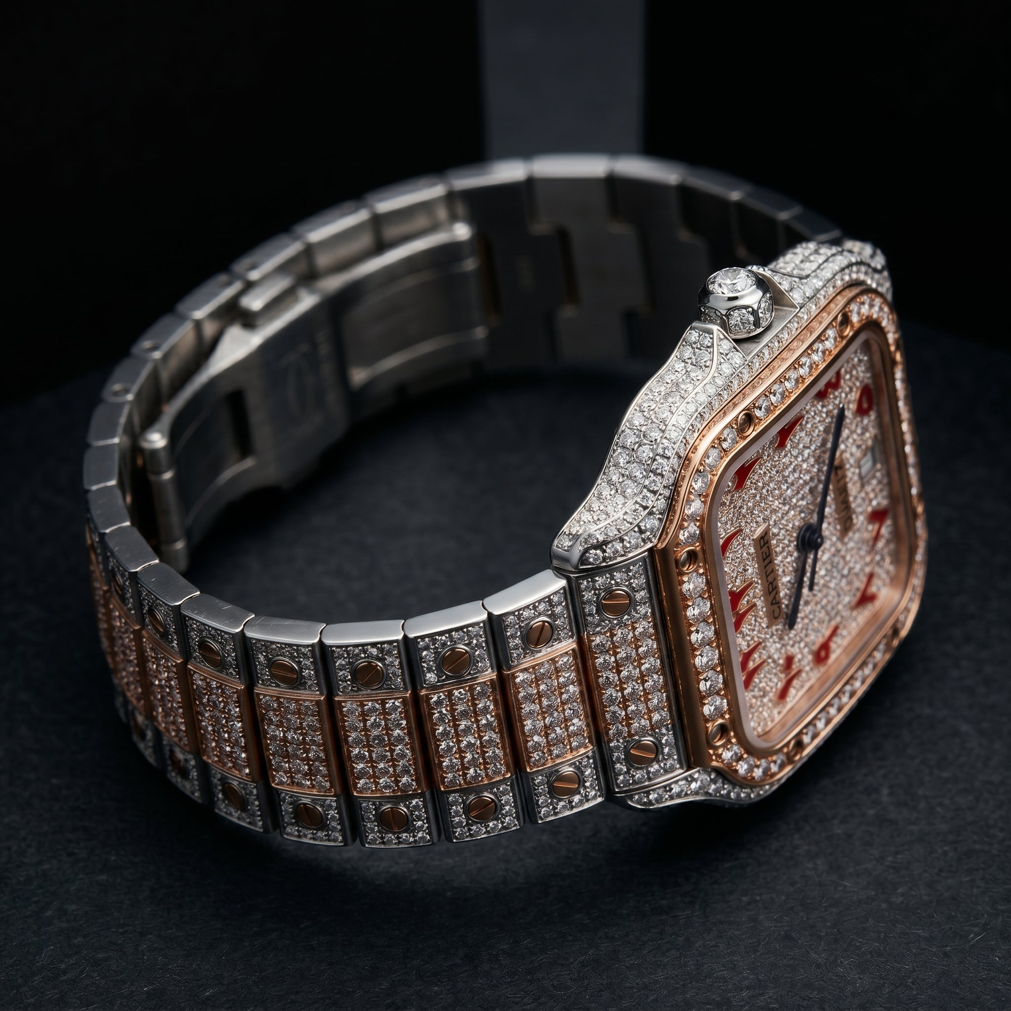 The Santos "Bustdown" Chronos Two-Tone Rose Gold & Crimson Eastern Arabic Dial Edition
