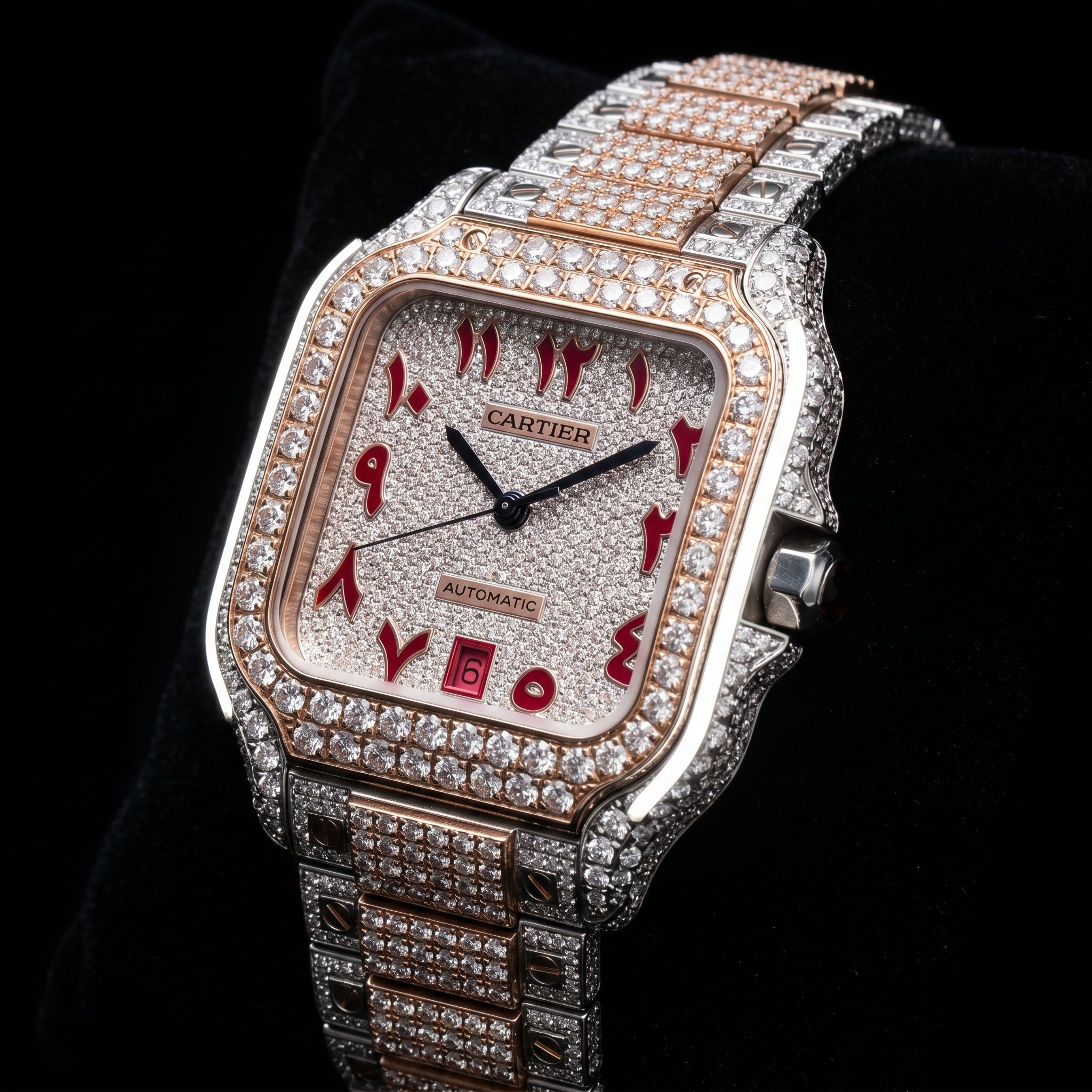 The Santos "Bustdown" Chronos Two-Tone Rose Gold & Crimson Eastern Arabic Dial Edition