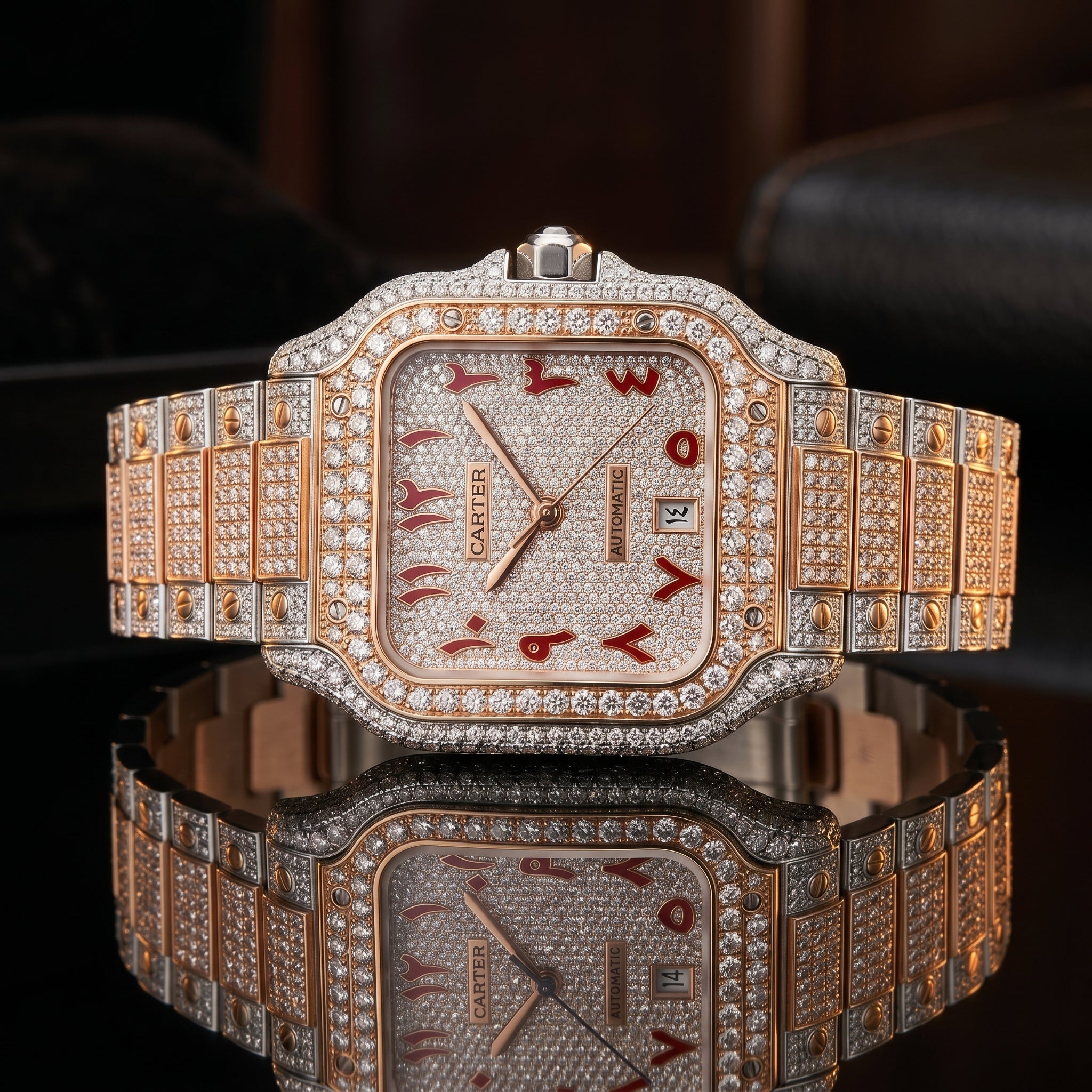 The Santos "Bustdown" Chronos Two-Tone Rose Gold & Crimson Eastern Arabic Dial Edition