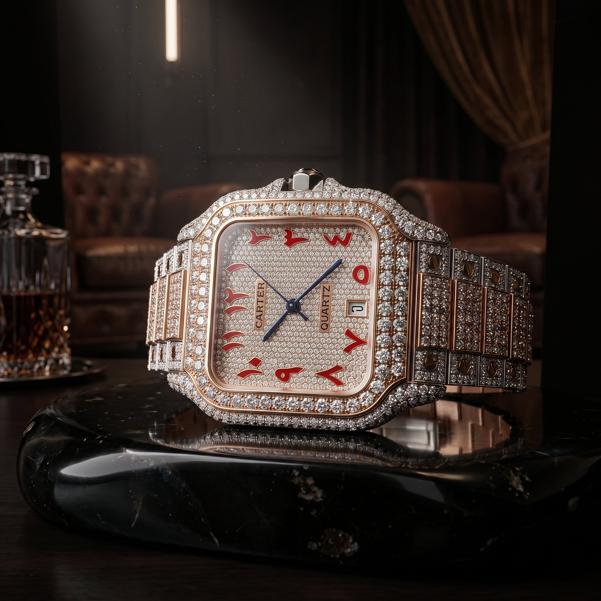 The Santos "Bustdown" Chronos Two-Tone Rose Gold & Crimson Eastern Arabic Dial Edition