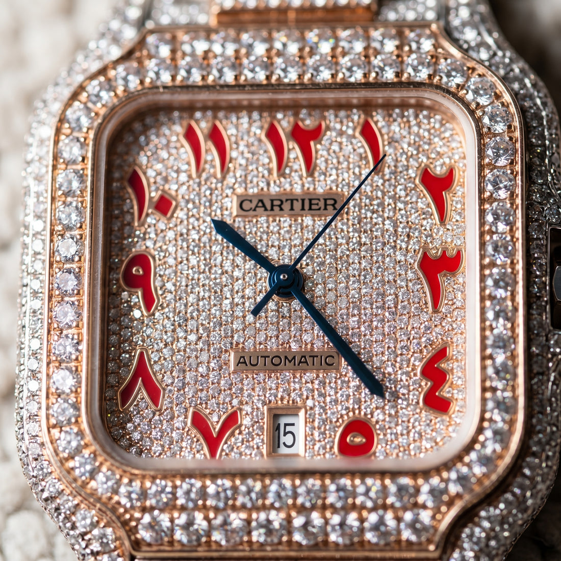 The Santos "Bustdown" Chronos Two-Tone Rose Gold & Crimson Eastern Arabic Dial Edition