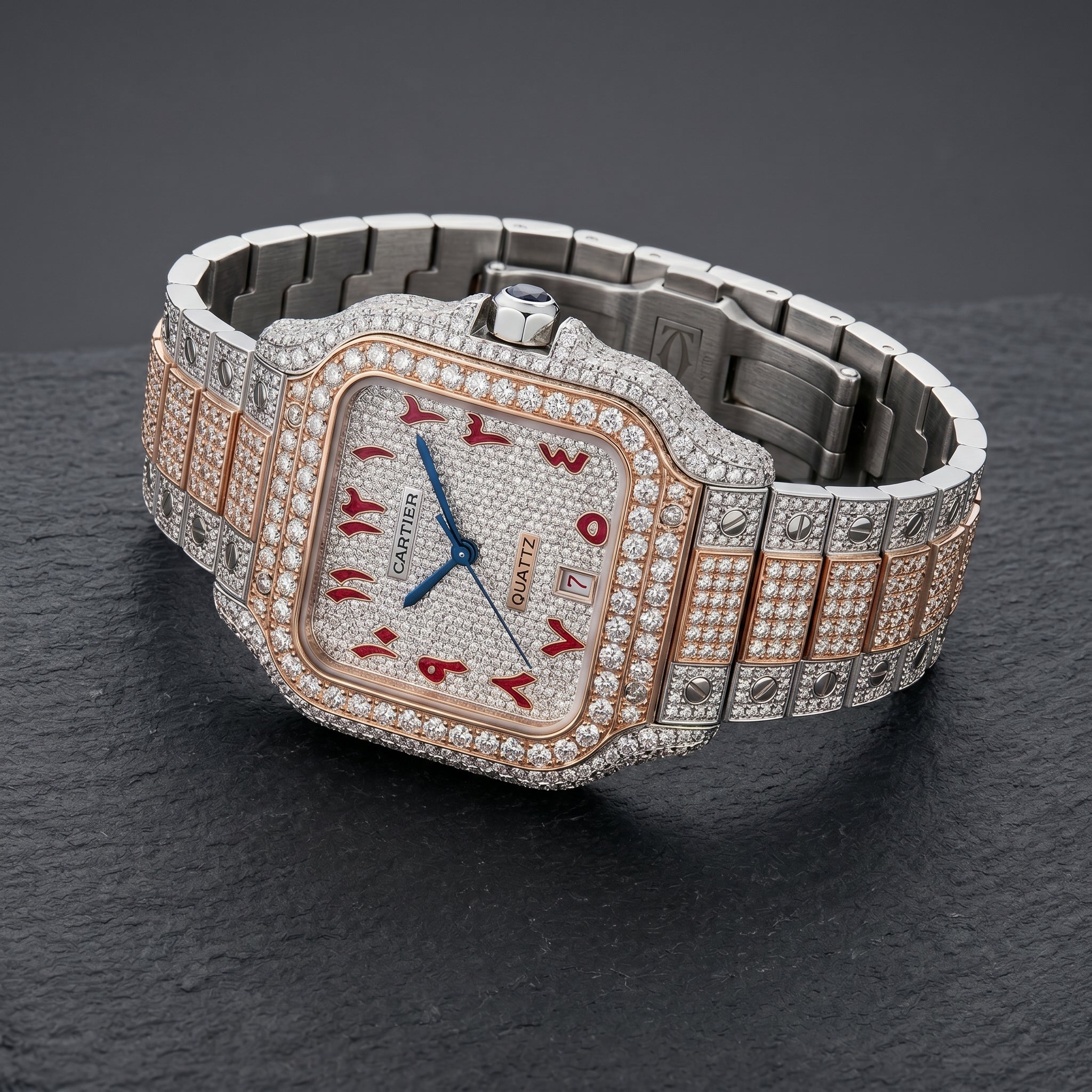 The Santos "Bustdown" Chronos Two-Tone Rose Gold & Crimson Eastern Arabic Dial Edition