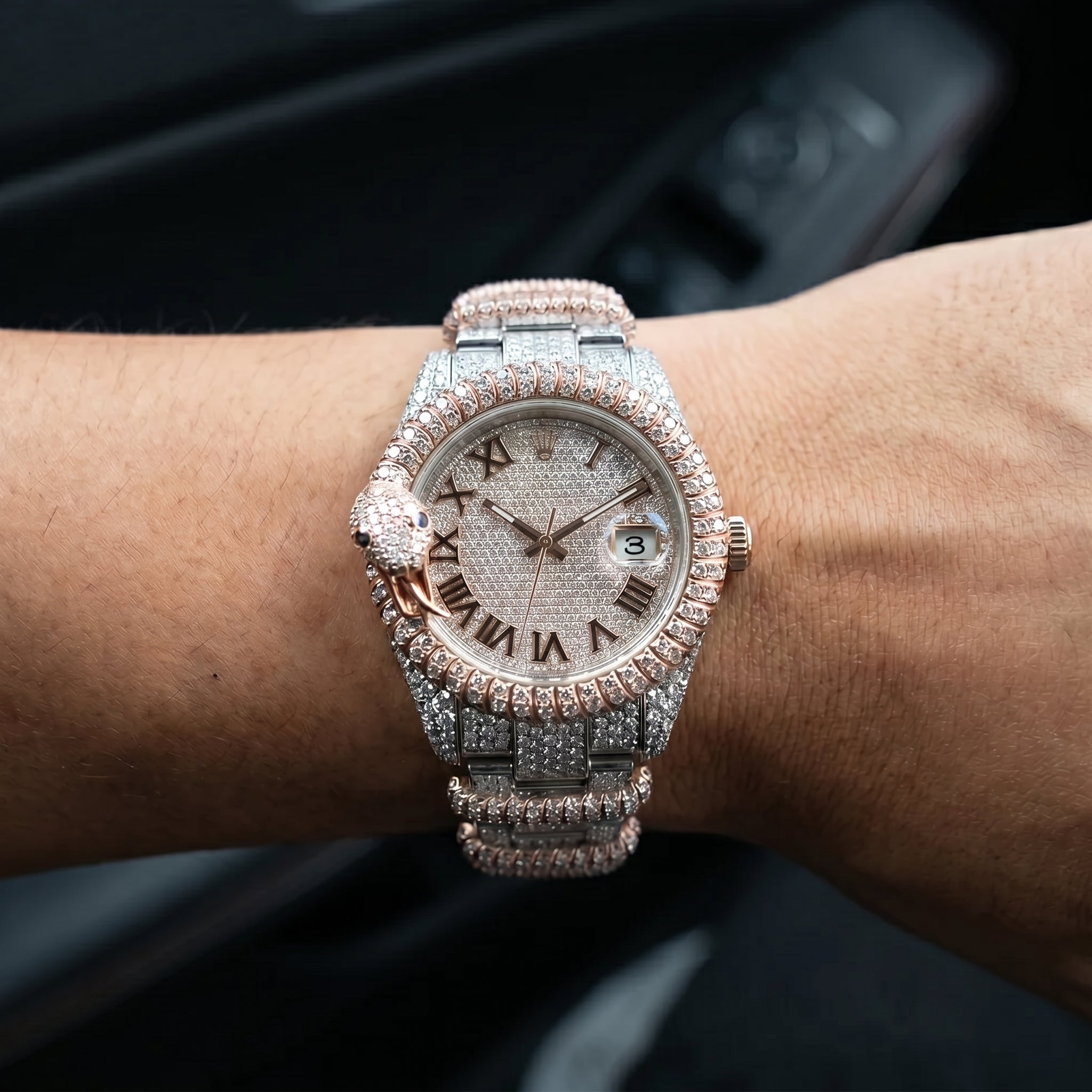 The Serpent Flooded Date Timepiece — Full VVS Moissanite Edition