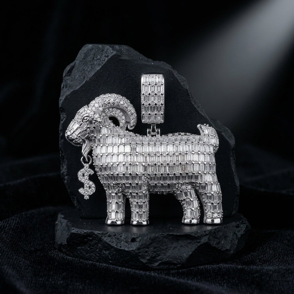 Iced Out Ram Pendant – Apex Moissanite Pendant in Silver with Dollar Charm