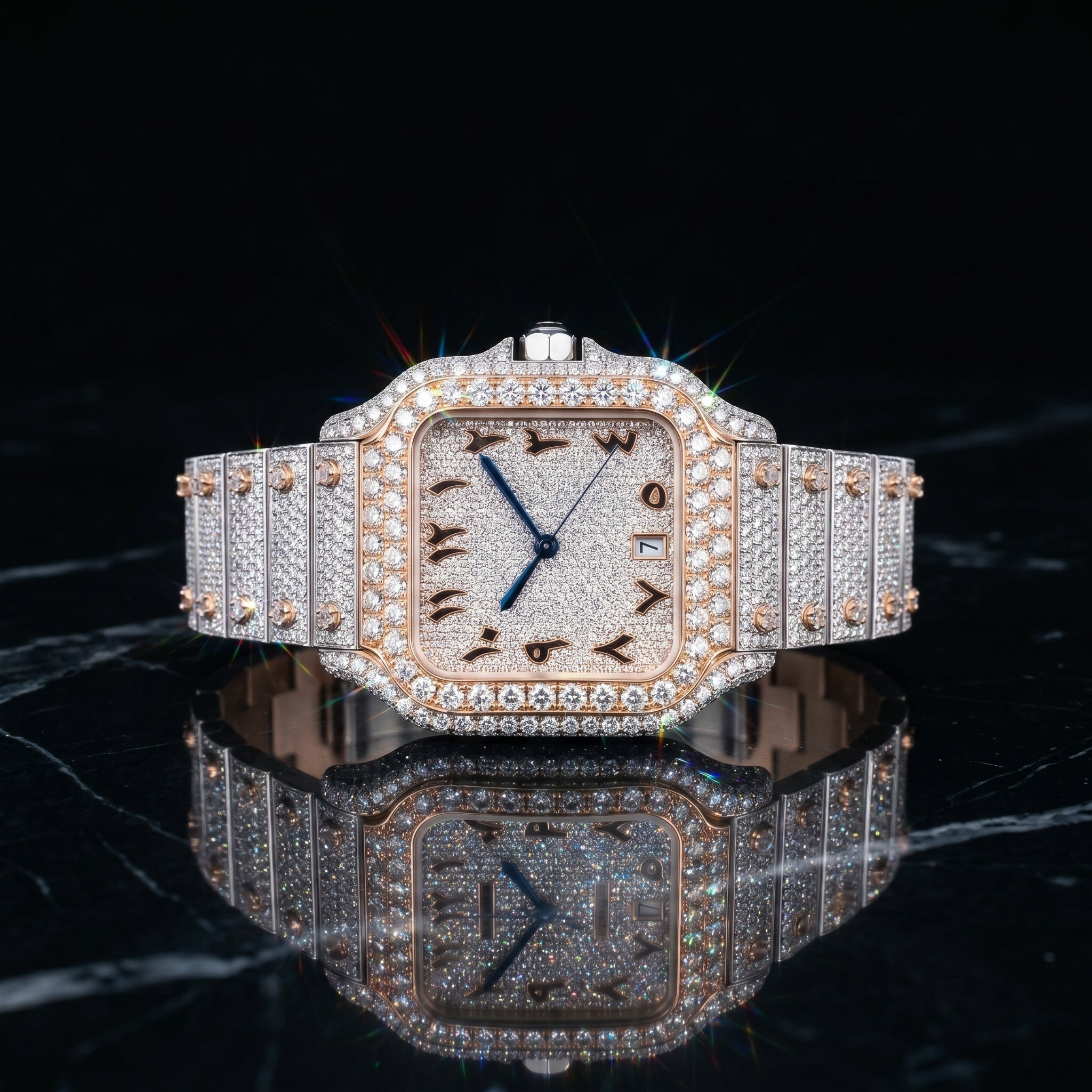 The Sovereign Fully Flooded Square Timepiece — Rose Gold & Eastern Arabic Dial Edition