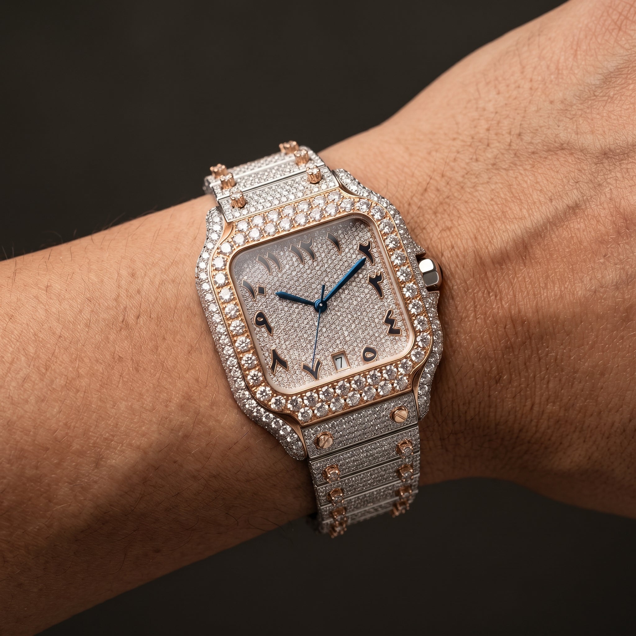 The Sovereign Fully Flooded Square Timepiece — Rose Gold & Eastern Arabic Dial Edition