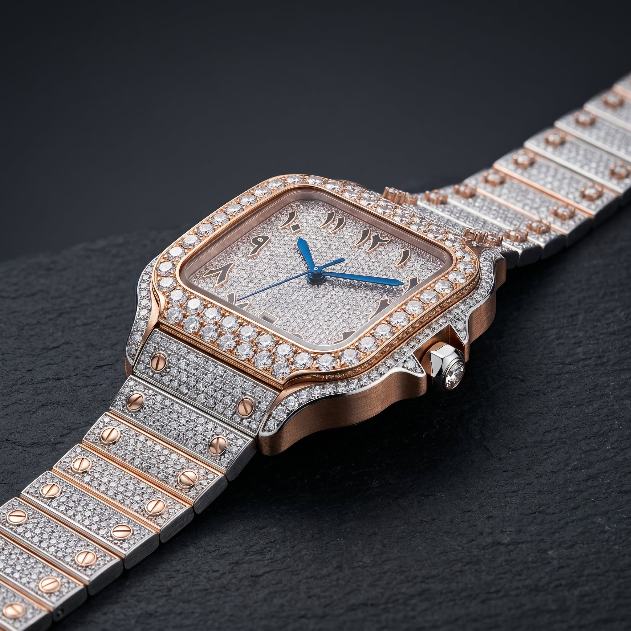 The Sovereign Fully Flooded Square Timepiece — Rose Gold & Eastern Arabic Dial Edition