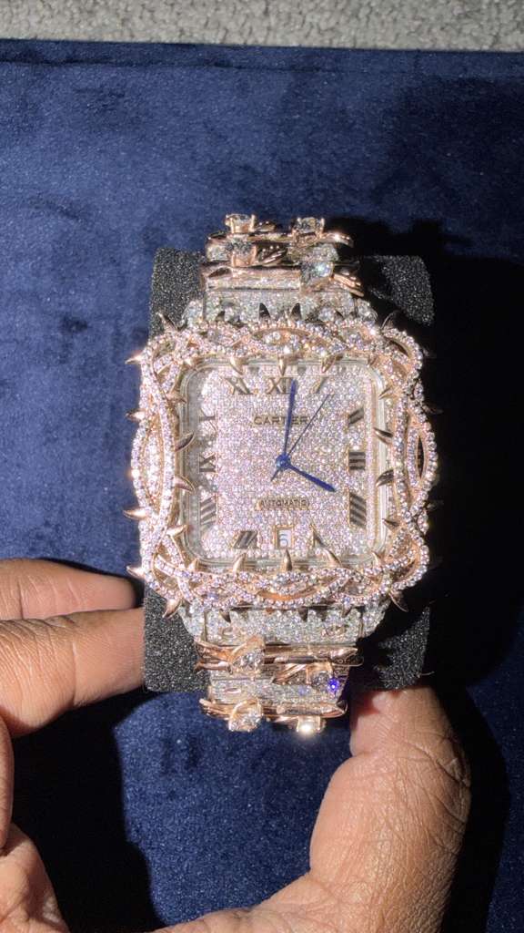 The Santos "Throne of Thorns" Bustdown Timepiece in Rose Gold & Pavé Crystals