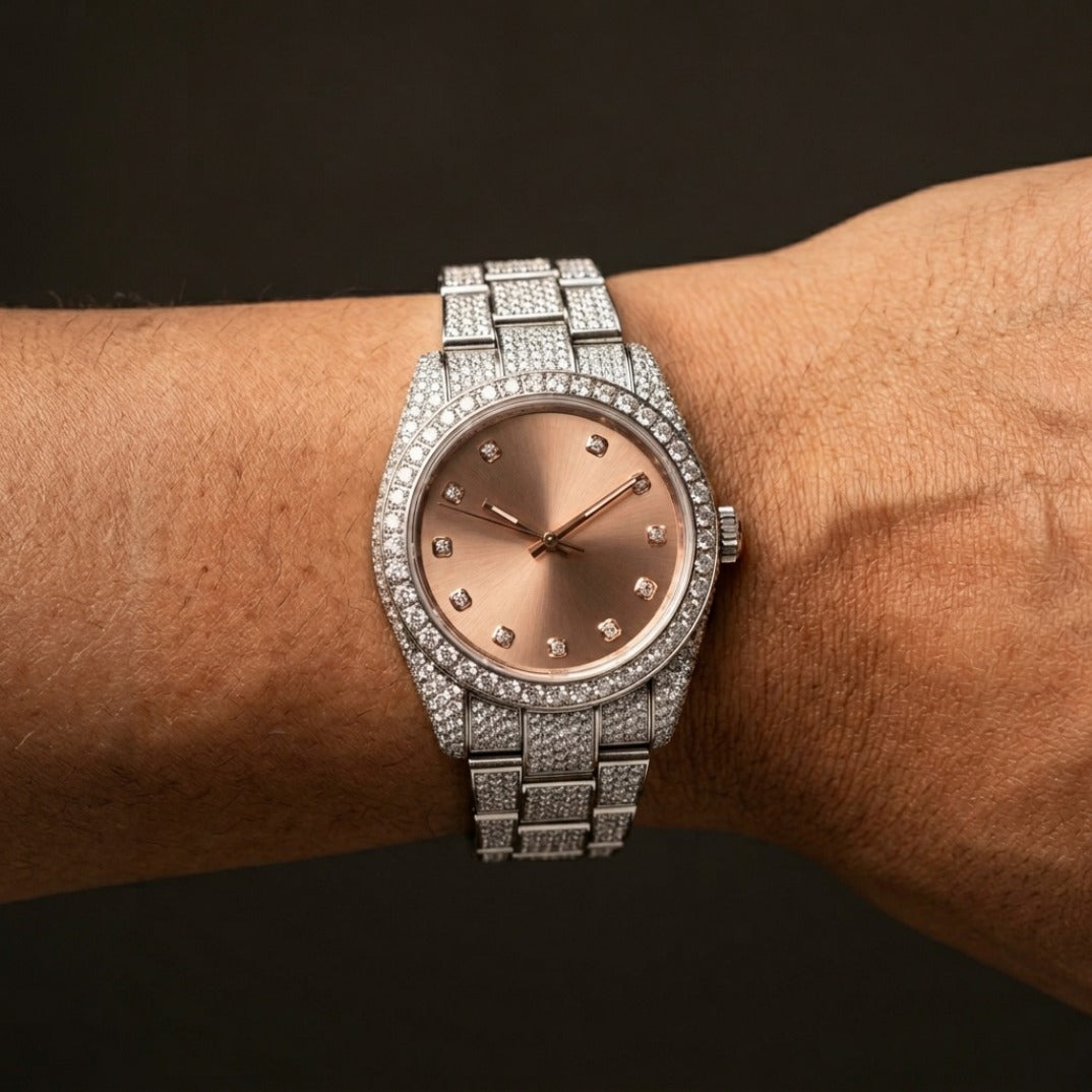 The Aura Bustdown Timepiece — Full Pavé VVS Date Display Edition