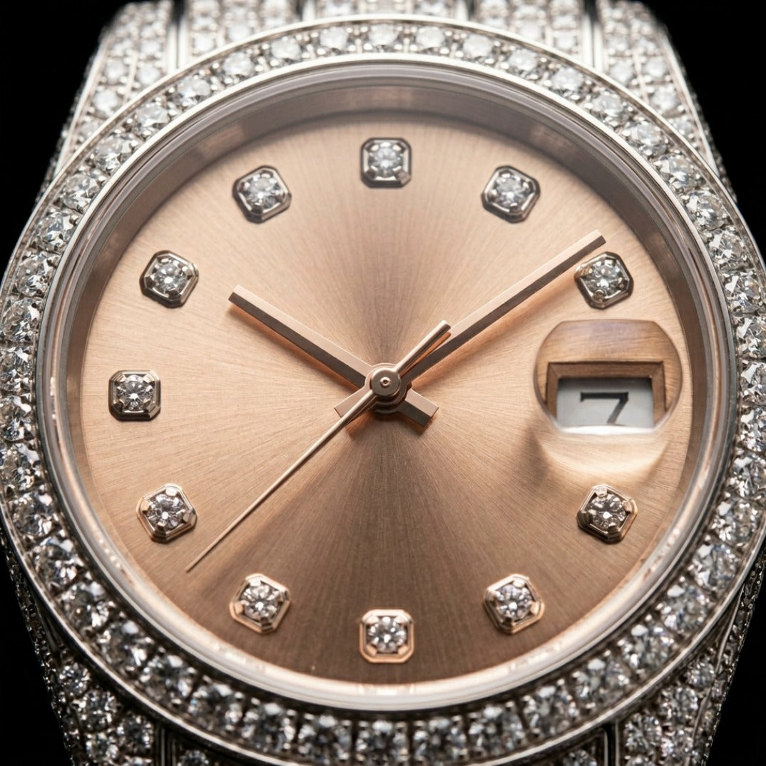 The Aura Bustdown Timepiece — Full Pavé VVS Date Display Edition
