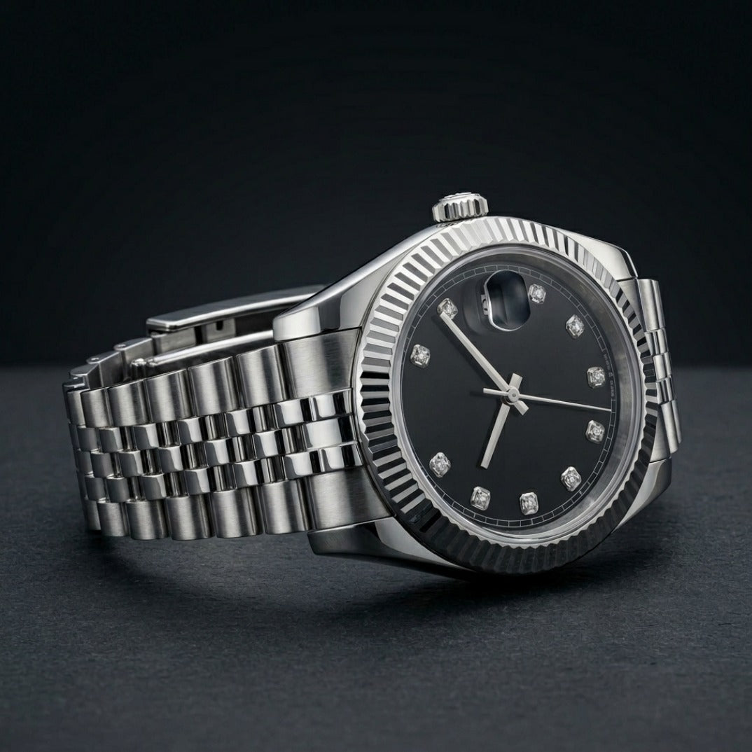 The Slate Diamond Dial Date Timepiece — Stainless Steel & Pavé Edition