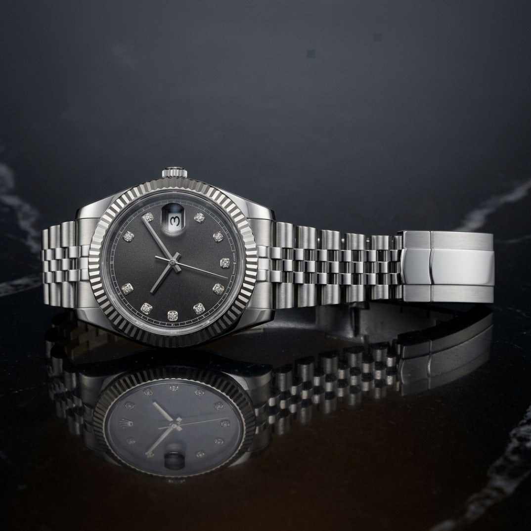 The Slate Diamond Dial Date Timepiece — Stainless Steel & Pavé Edition