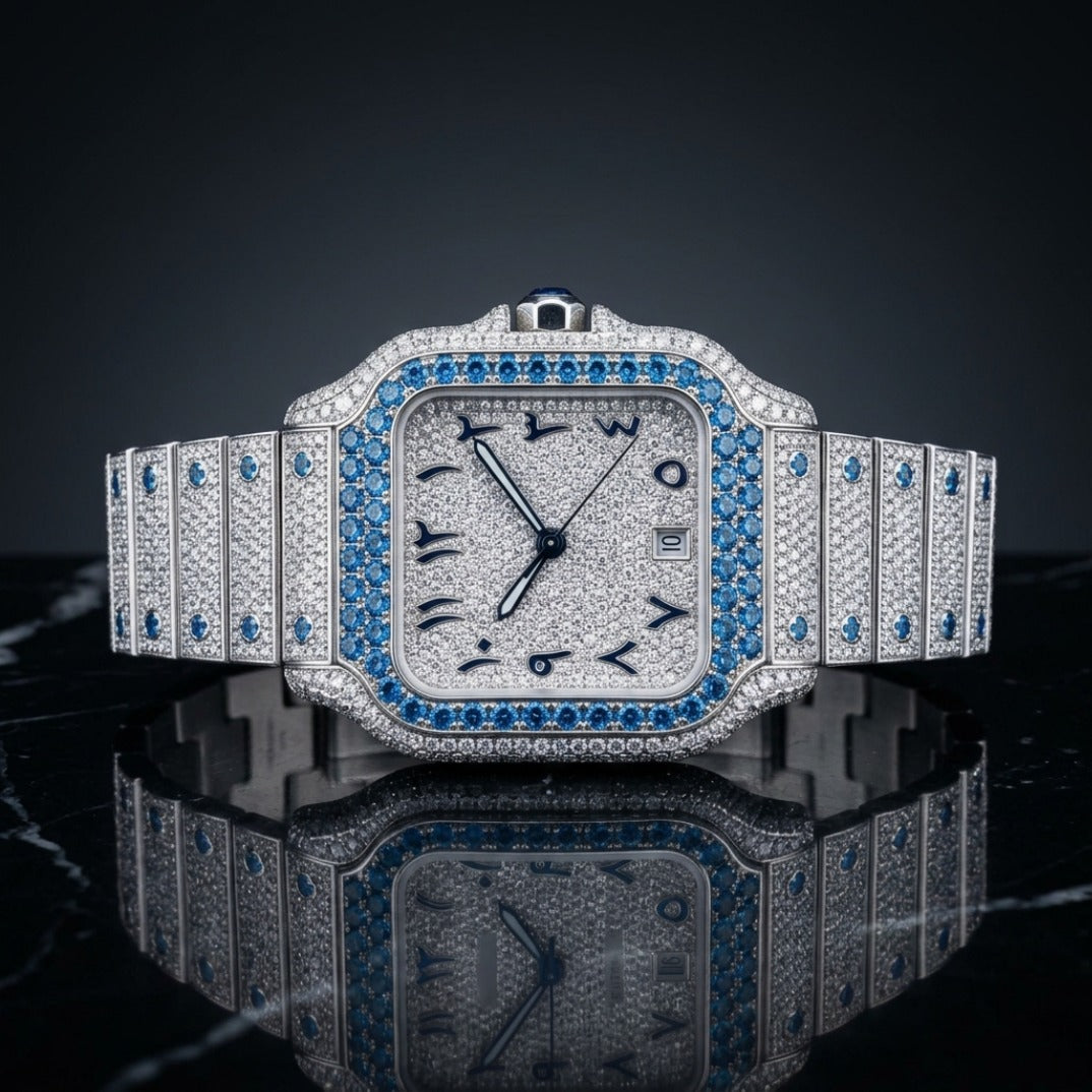 The Ice Blue Arabic Dial Bustdown Square Timepiece — Full VVS & Eastern Arabic Numeral Edition