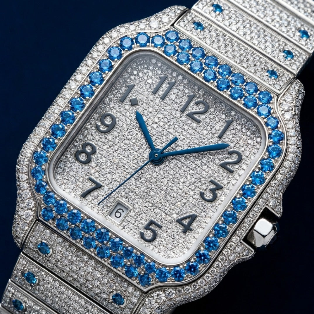 The Ice Blue Arabic Dial Bustdown Square Timepiece — Full VVS & Eastern Arabic Numeral Edition