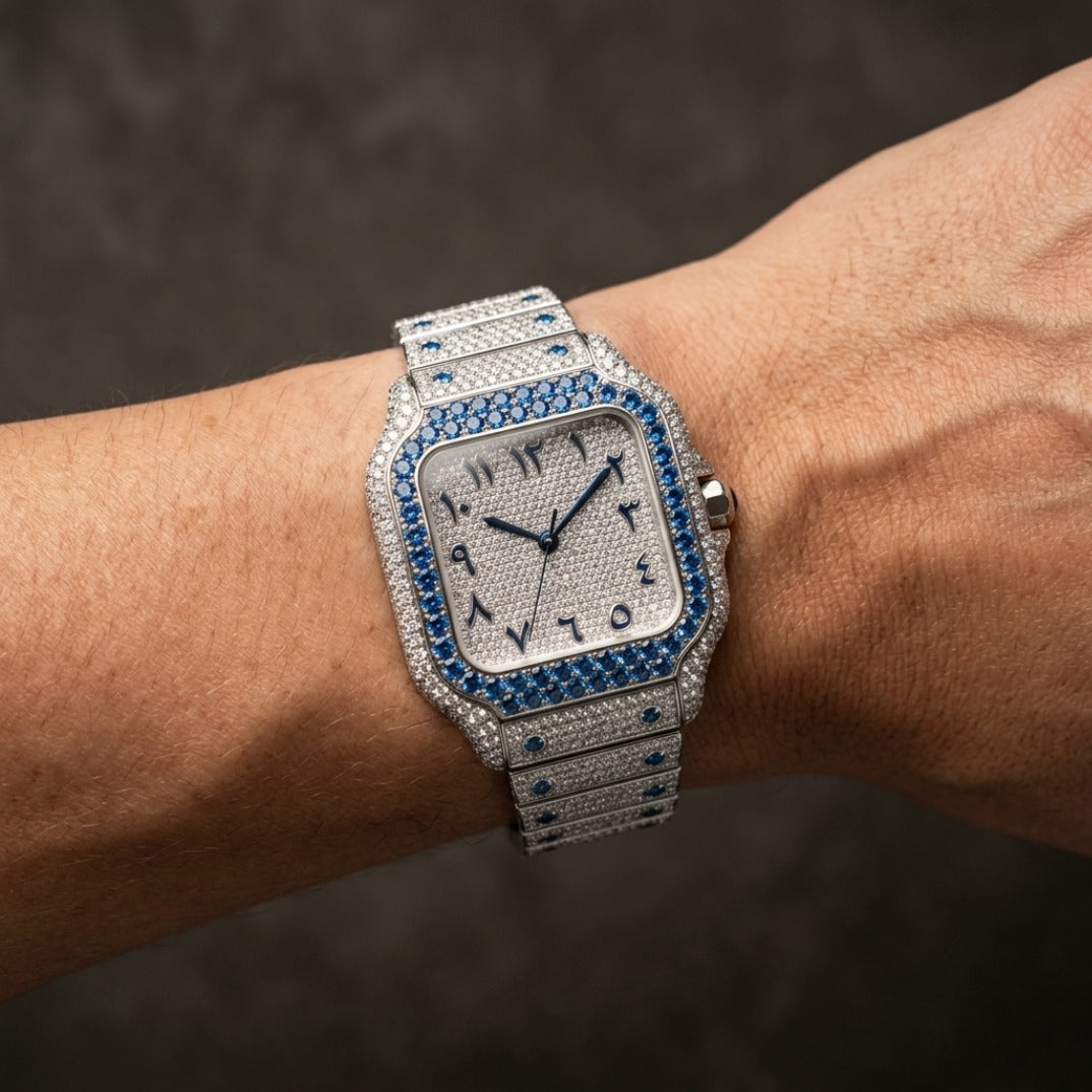 The Ice Blue Arabic Dial Bustdown Square Timepiece — Full VVS & Eastern Arabic Numeral Edition
