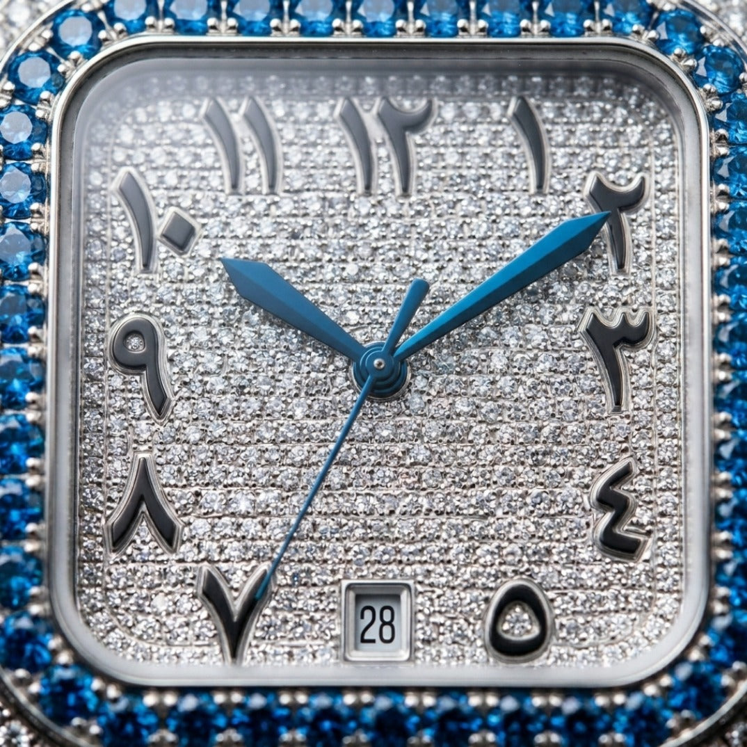 The Ice Blue Arabic Dial Bustdown Square Timepiece — Full VVS & Eastern Arabic Numeral Edition