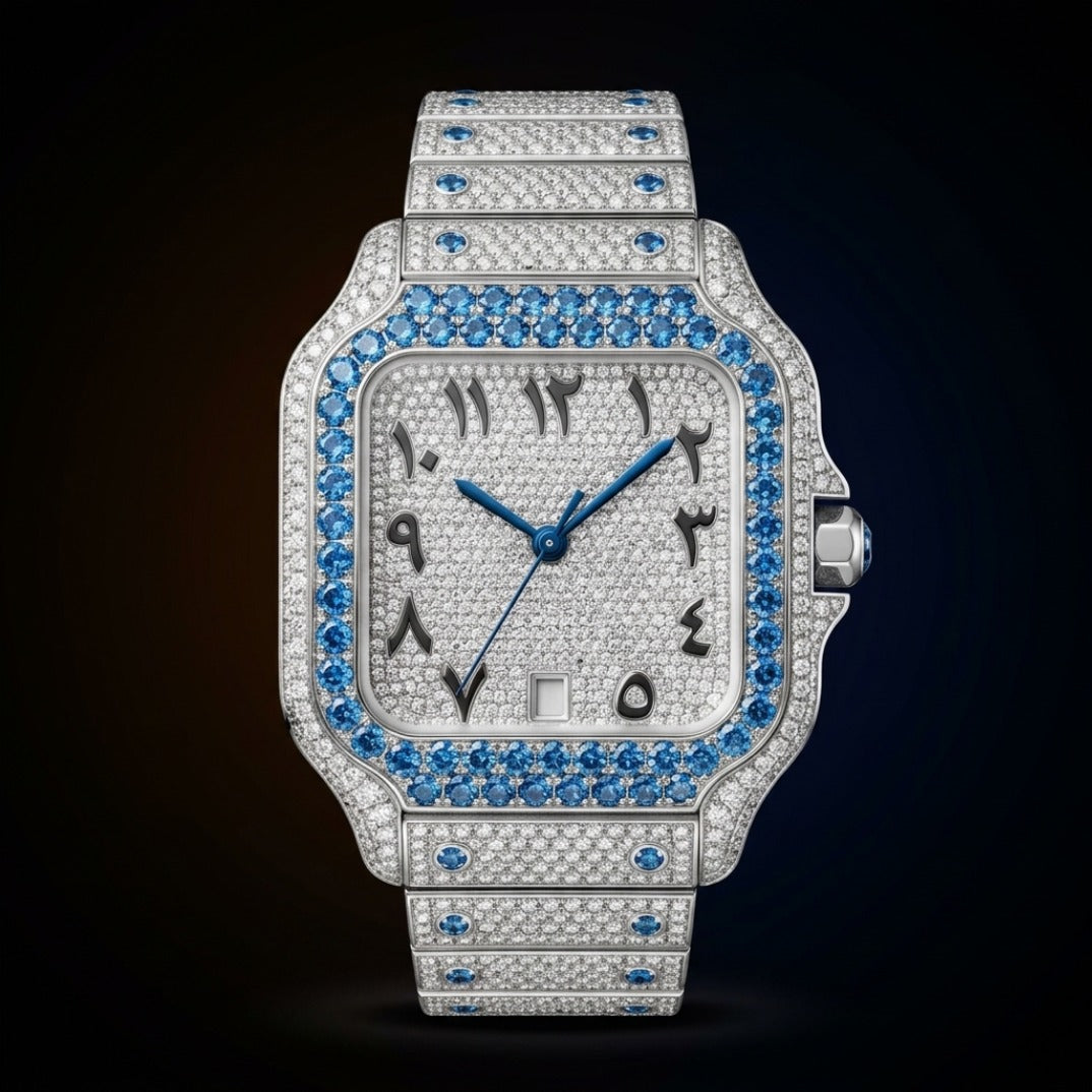 The Ice Blue Arabic Dial Bustdown Square Timepiece — Full VVS & Eastern Arabic Numeral Edition