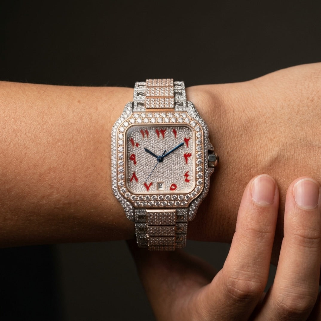 The Chronos Two-Tone Rose Gold & Crimson Arabic Dial Bustdown Timepiece