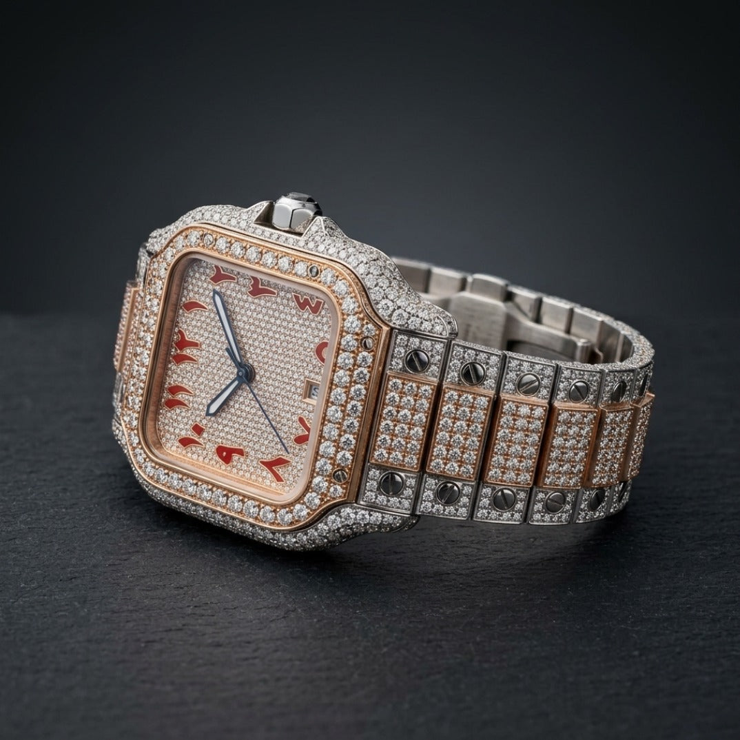 The Chronos Two-Tone Rose Gold & Crimson Arabic Dial Bustdown Timepiece