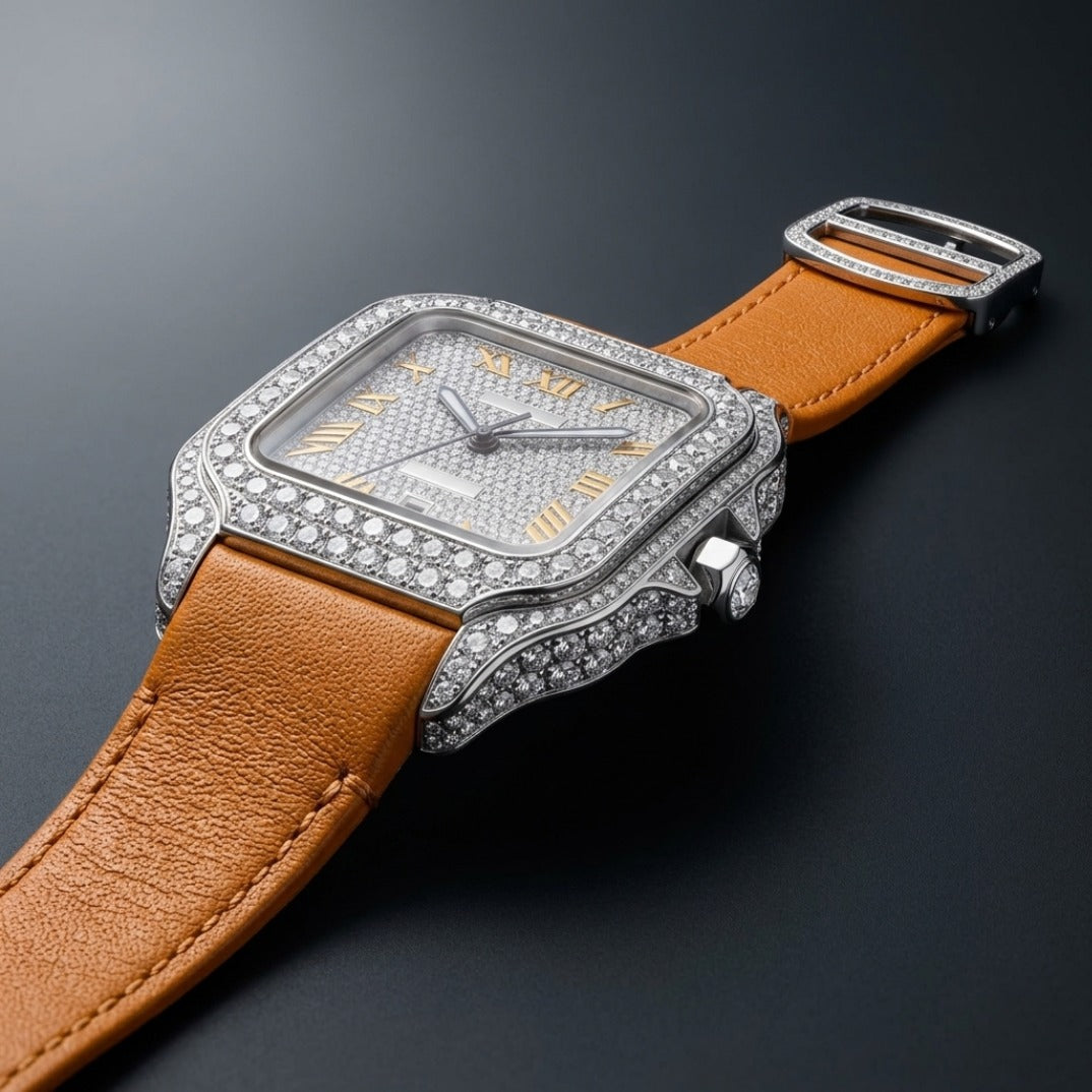 The Noir Emerald Iced Square Timepiece — Black Dial & Emerald Baguette Edition