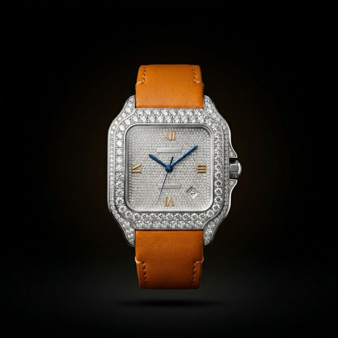 The Noir Emerald Iced Square Timepiece — Black Dial & Emerald Baguette Edition