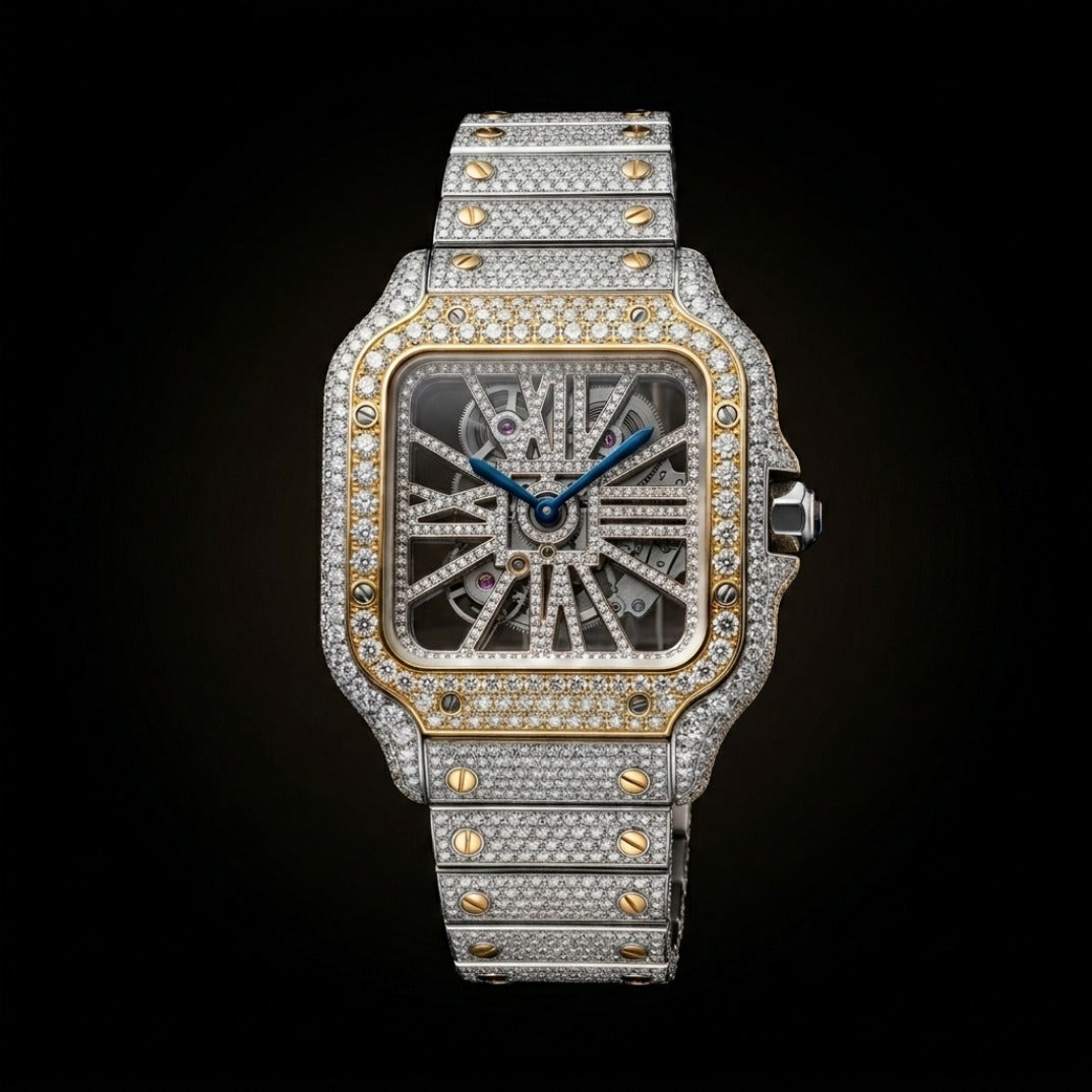 The Apex Skeleton Bustdown Timepiece — Two-Tone Gold & VVS Full Flood Large Model