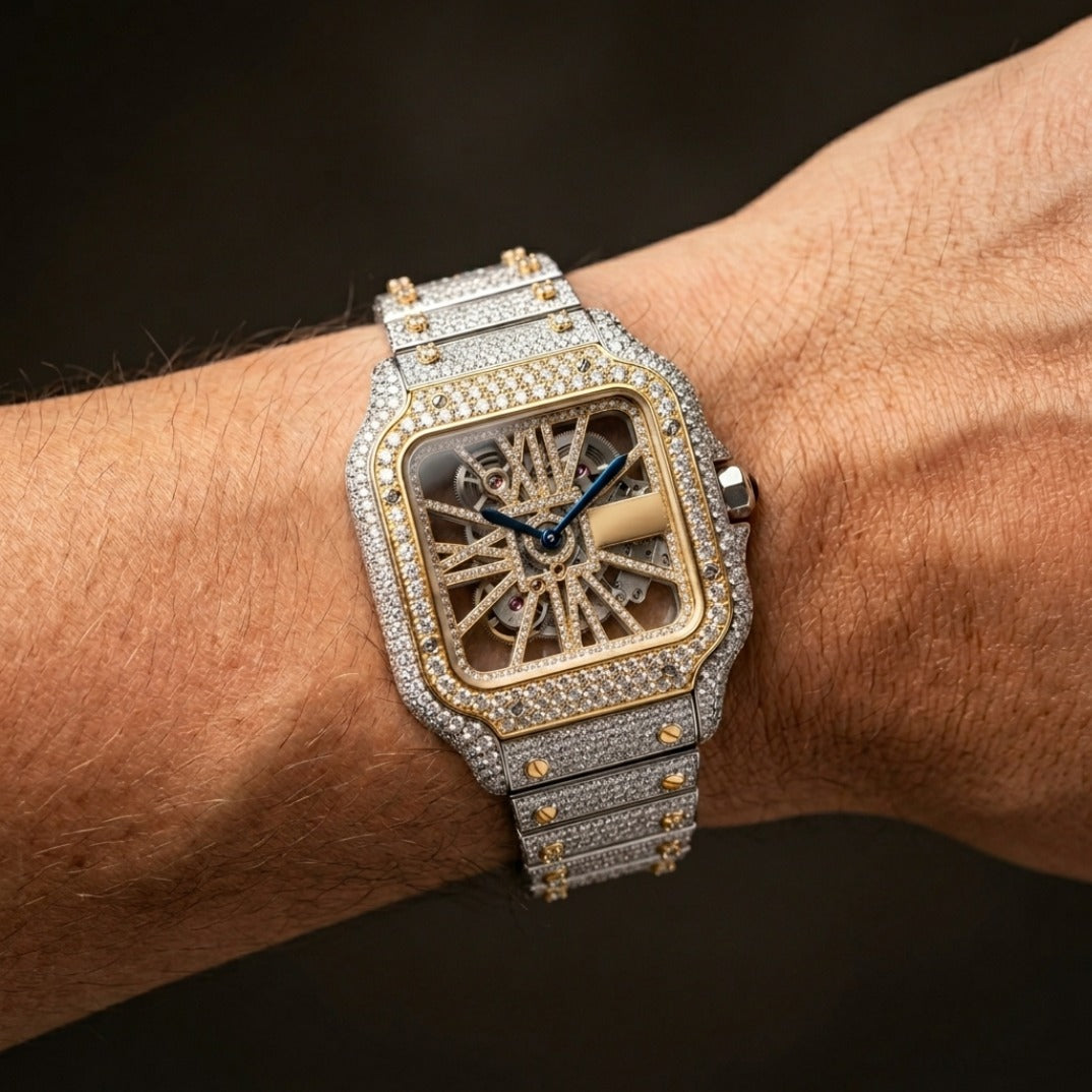 The Apex Skeleton Bustdown Timepiece — Two-Tone Gold & VVS Full Flood Large Model