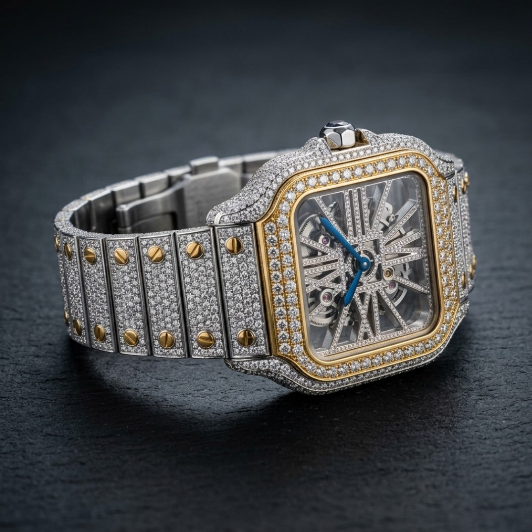 The Apex Skeleton Bustdown Timepiece — Two-Tone Gold & VVS Full Flood Large Model