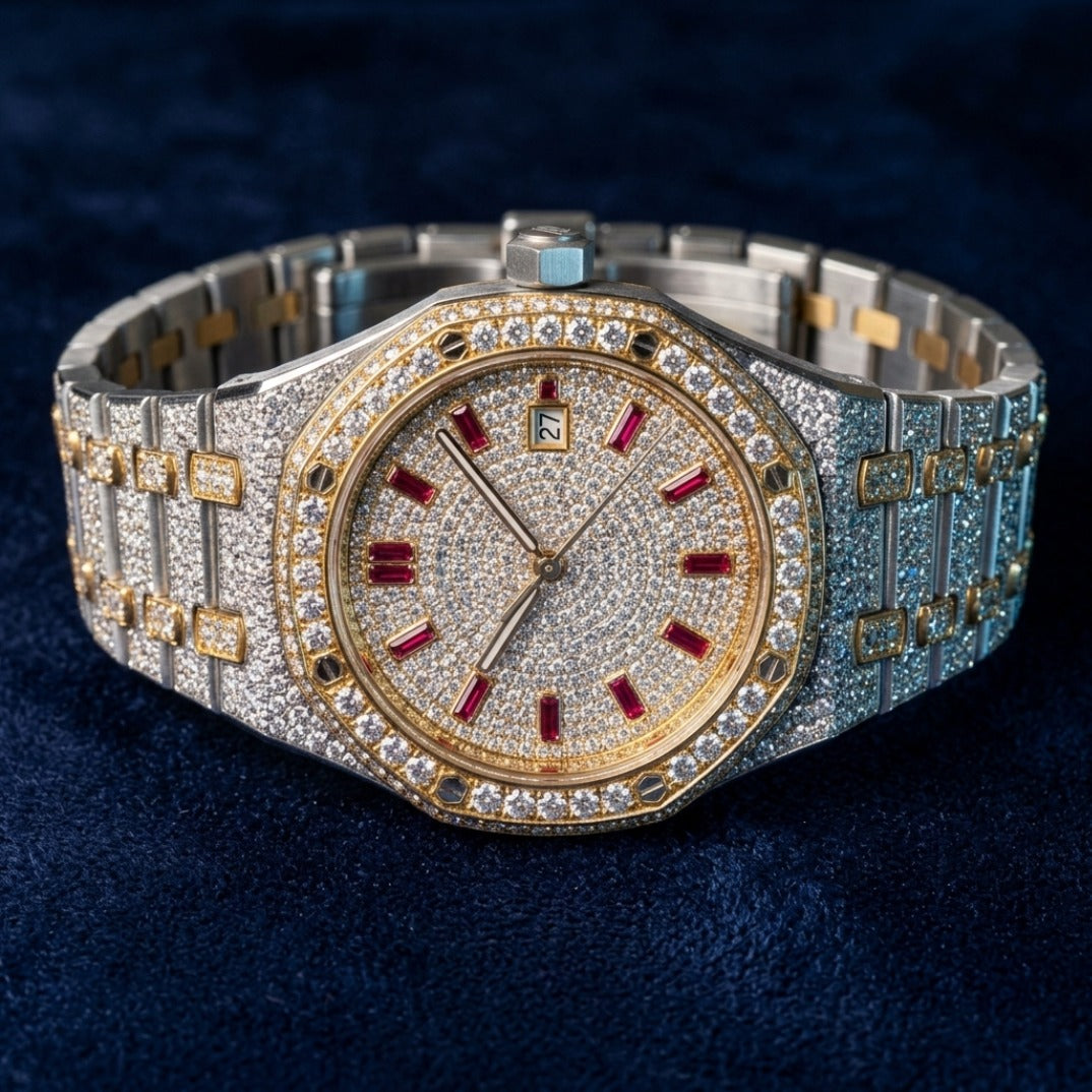 The Sovereign Octagon "Bustdown" Two-Tone Timepiece – Ruby Baguette Edition