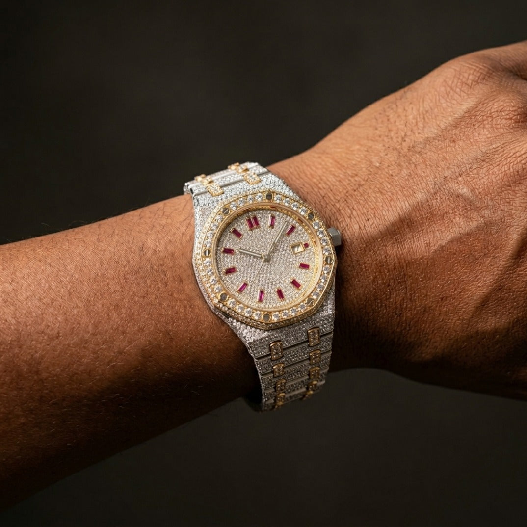The Sovereign Octagon "Bustdown" Two-Tone Timepiece – Ruby Baguette Edition