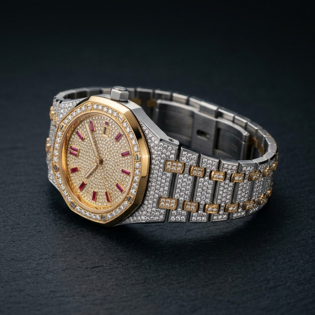 The Sovereign Octagon "Bustdown" Two-Tone Timepiece – Ruby Baguette Edition