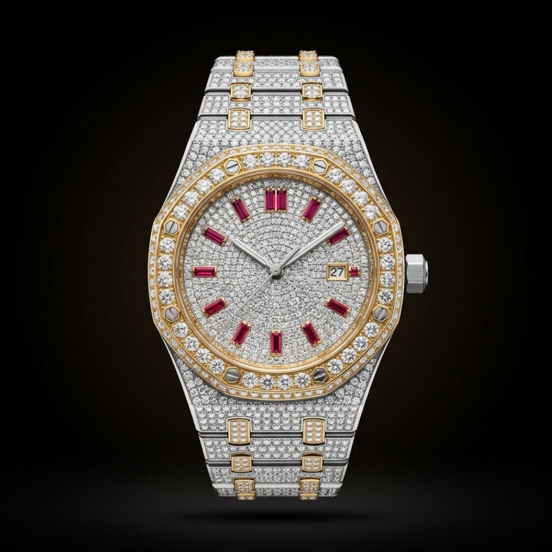 The Sovereign Octagon "Bustdown" Two-Tone Timepiece – Ruby Baguette Edition