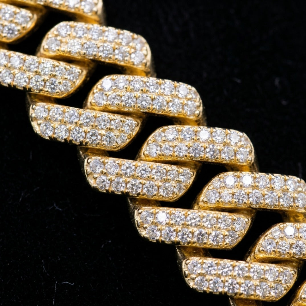Iced Out Full Pavé Diamond Cuban Link Chain Necklace In 18K Yellow Gold