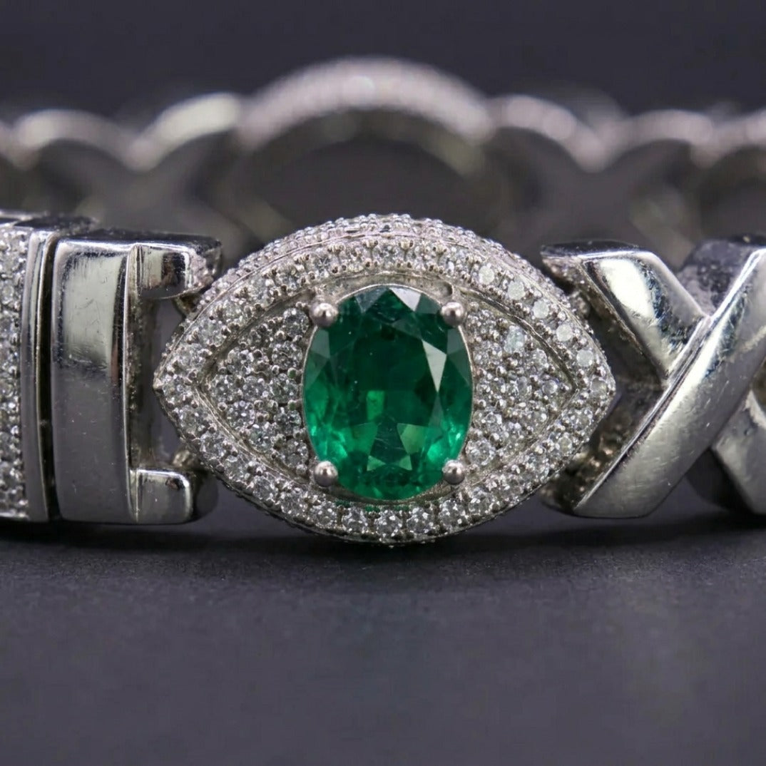 Iced Out Cuban Link Bracelet In Silver With Full Pavé CZ & Multicolour Gemstone Accents