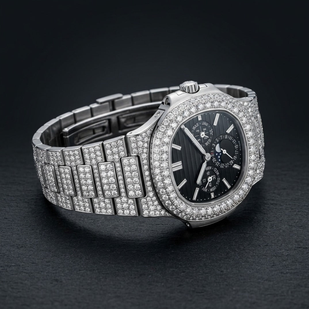 Fully Iced Full Pavé Diamond Moonphase Watch In White Gold