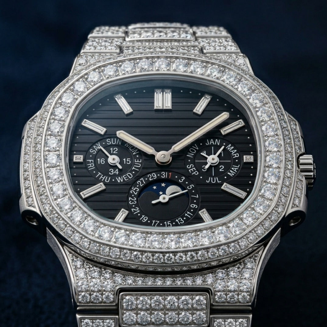 Fully Iced Full Pavé Diamond Moonphase Watch In White Gold