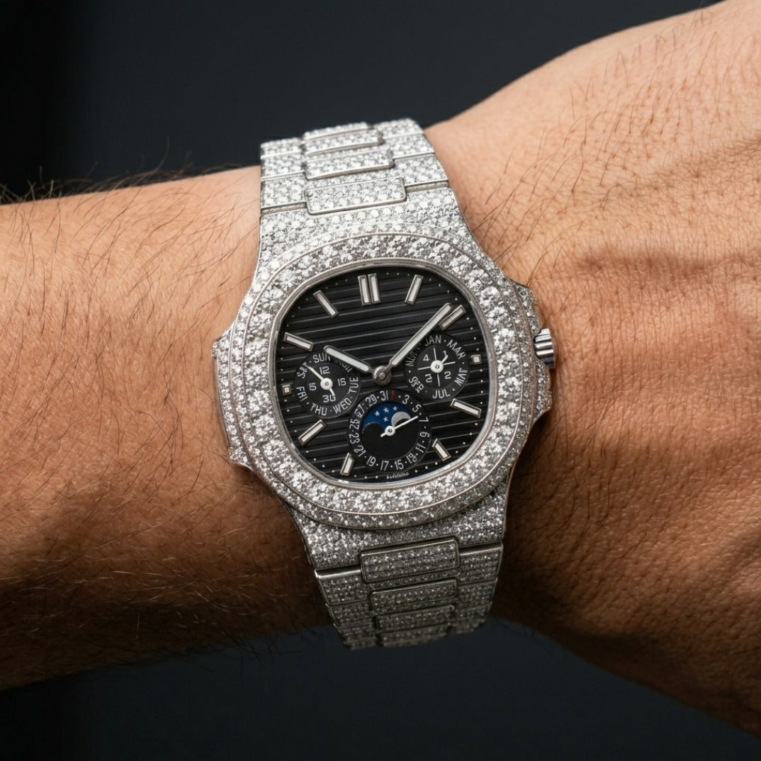 Fully Iced Full Pavé Diamond Moonphase Watch In White Gold