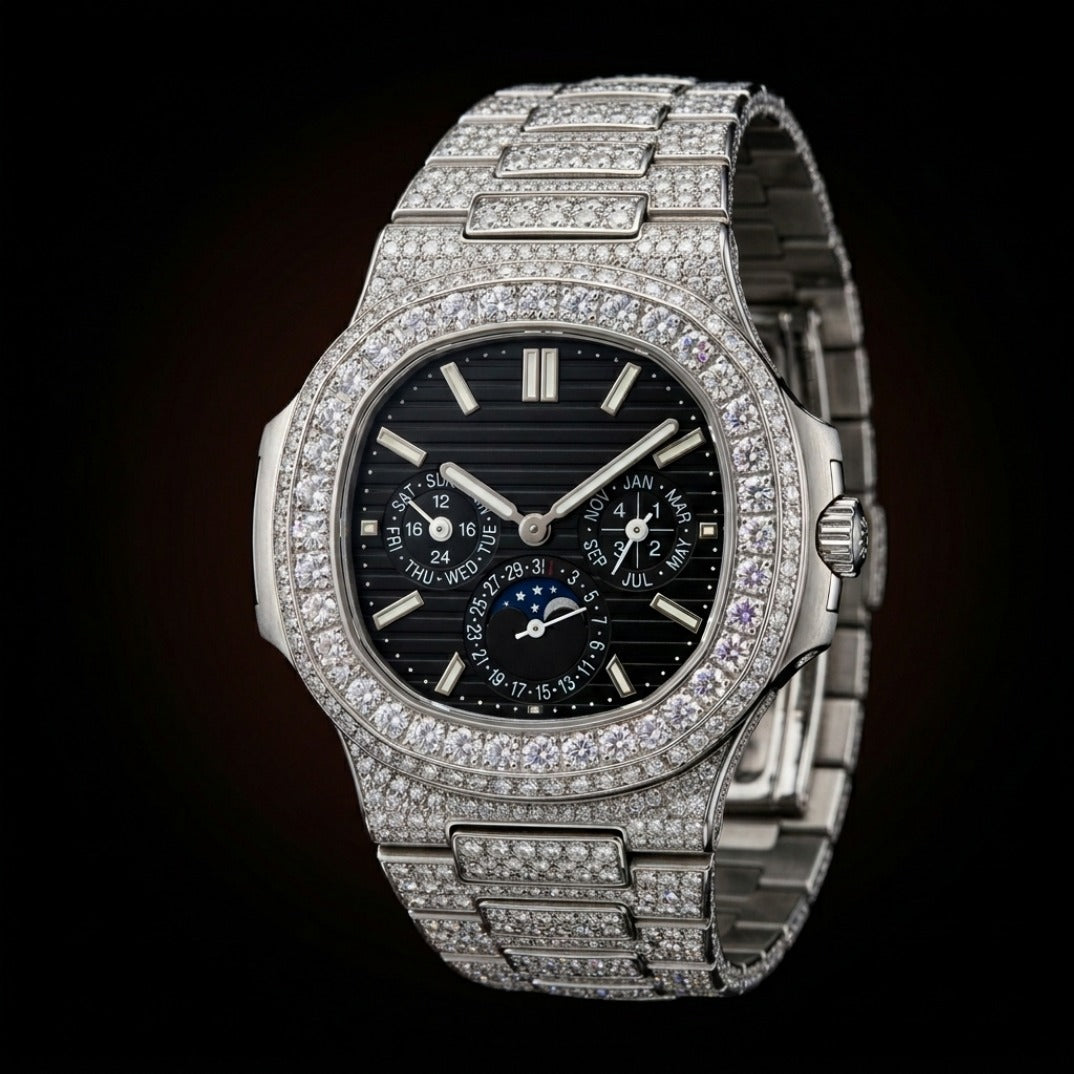 Fully Iced Full Pavé Diamond Moonphase Watch In White Gold