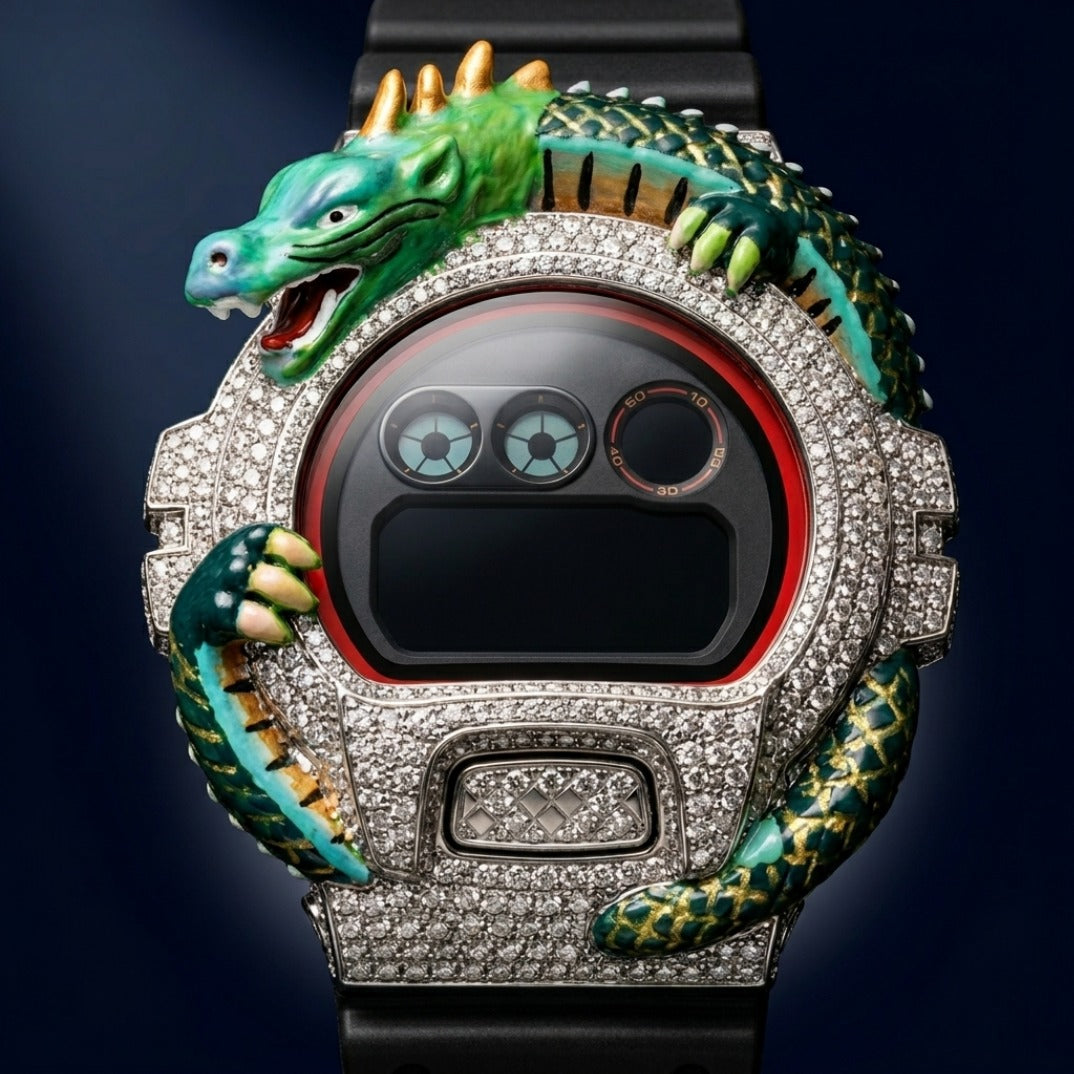 The Kaiju Dragon Iced Digital Sport Timepiece — Full VVS Moissanite & 3D Dragon Sculpture Edition