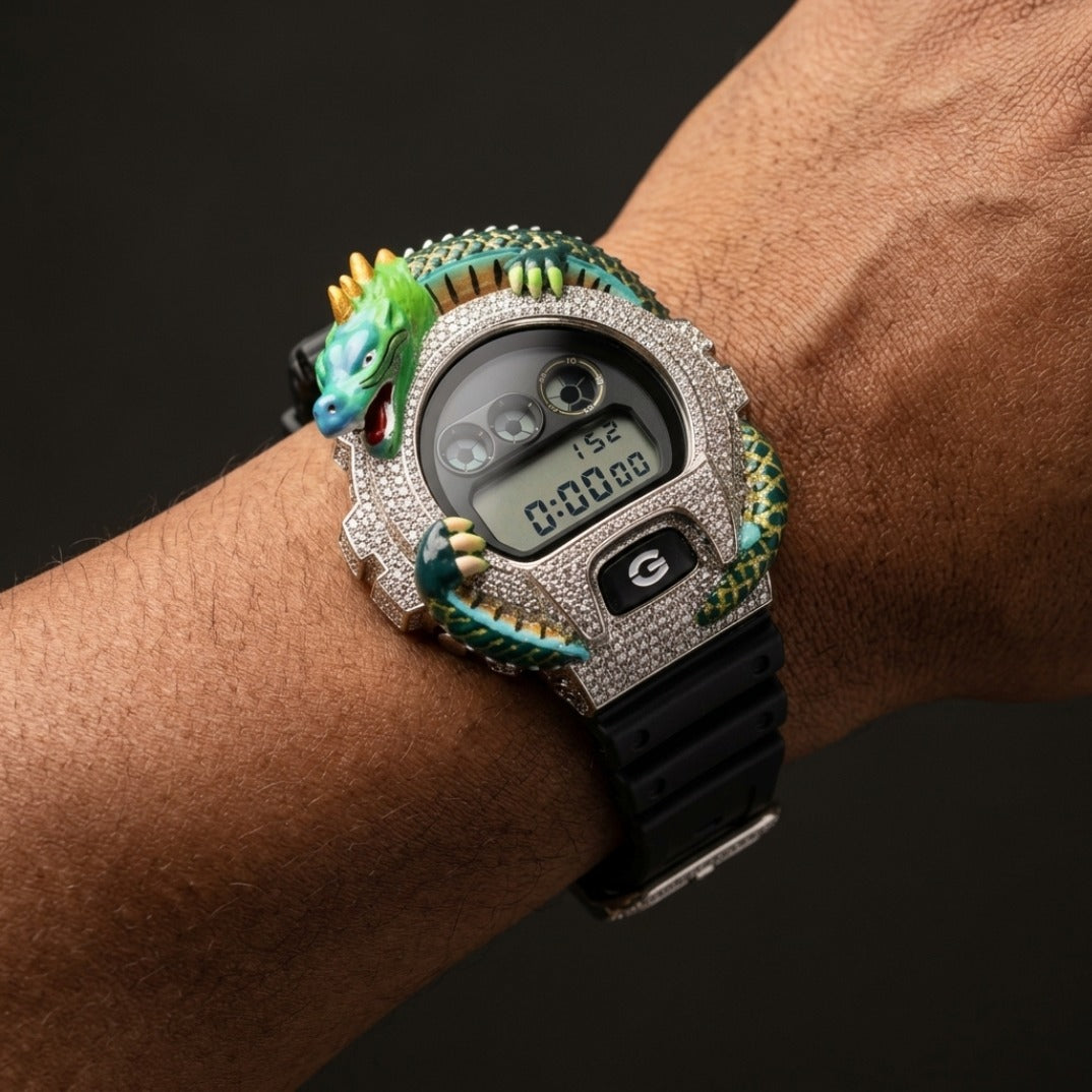 The Kaiju Dragon Iced Digital Sport Timepiece — Full VVS Moissanite & 3D Dragon Sculpture Edition