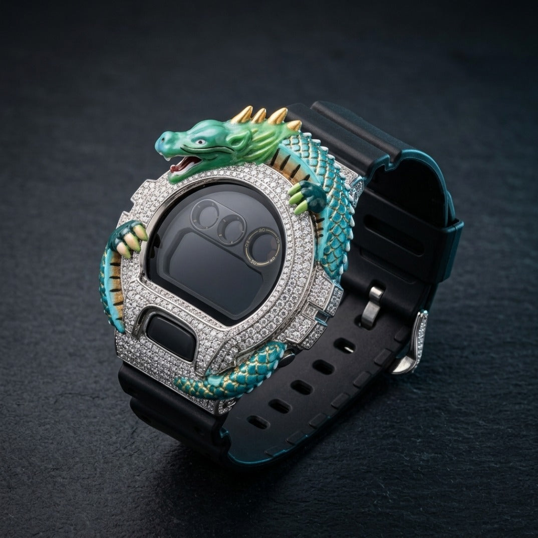 The Kaiju Dragon Iced Digital Sport Timepiece — Full VVS Moissanite & 3D Dragon Sculpture Edition