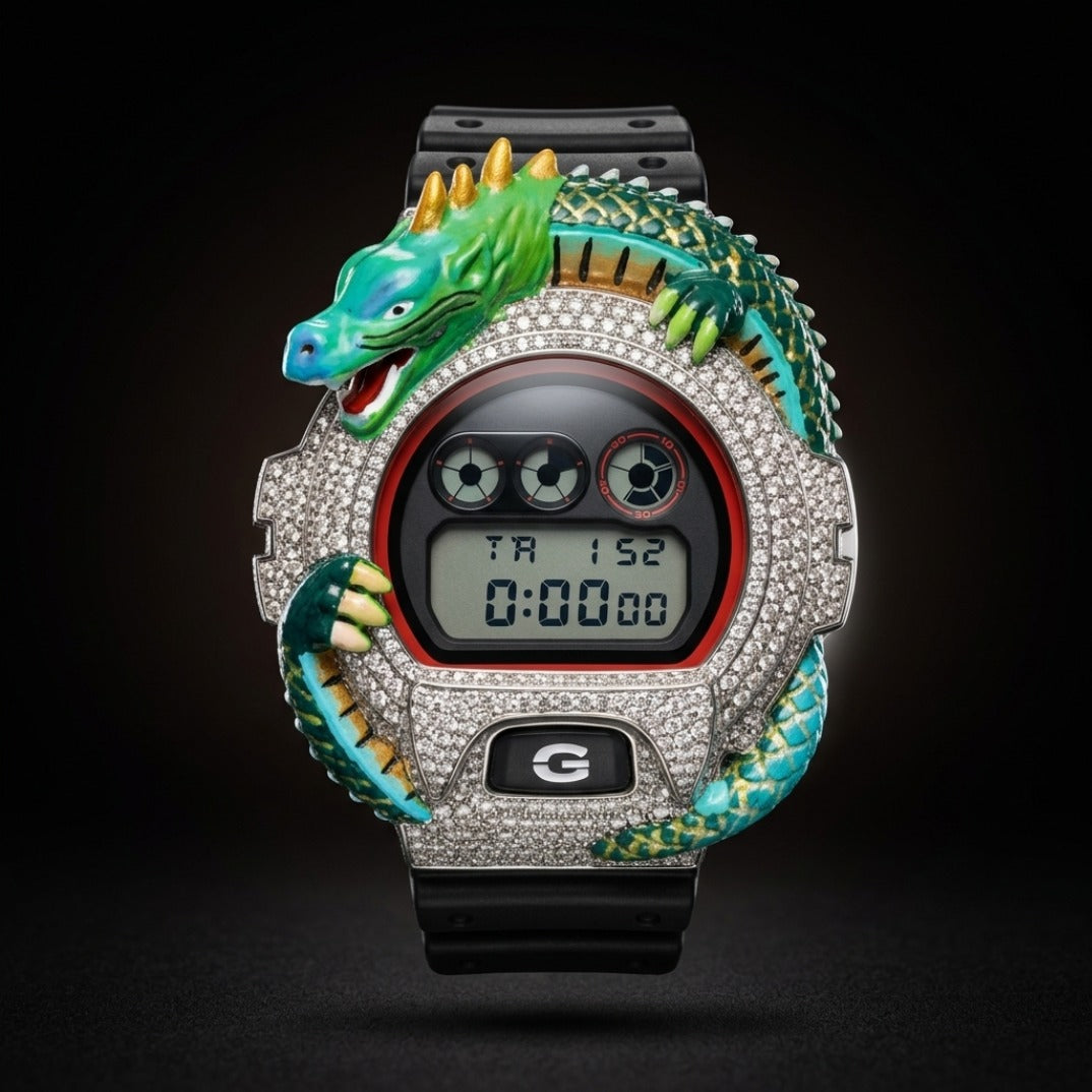 The Kaiju Dragon Iced Digital Sport Timepiece — Full VVS Moissanite & 3D Dragon Sculpture Edition