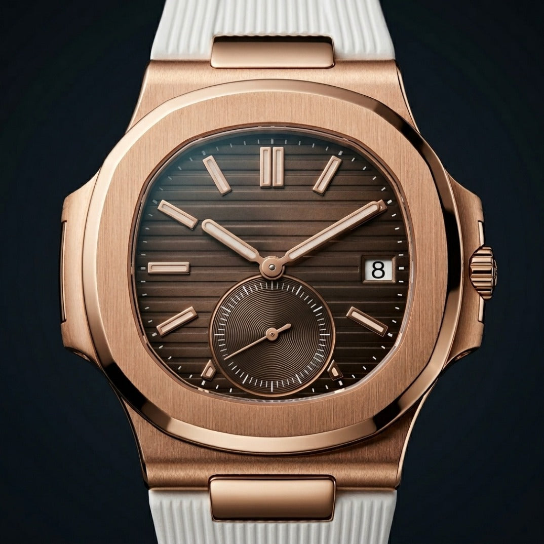 The Horizon Rose Gold Flyback Chronograph Timepiece — Chocolate Dial & White Rubber Strap Edition